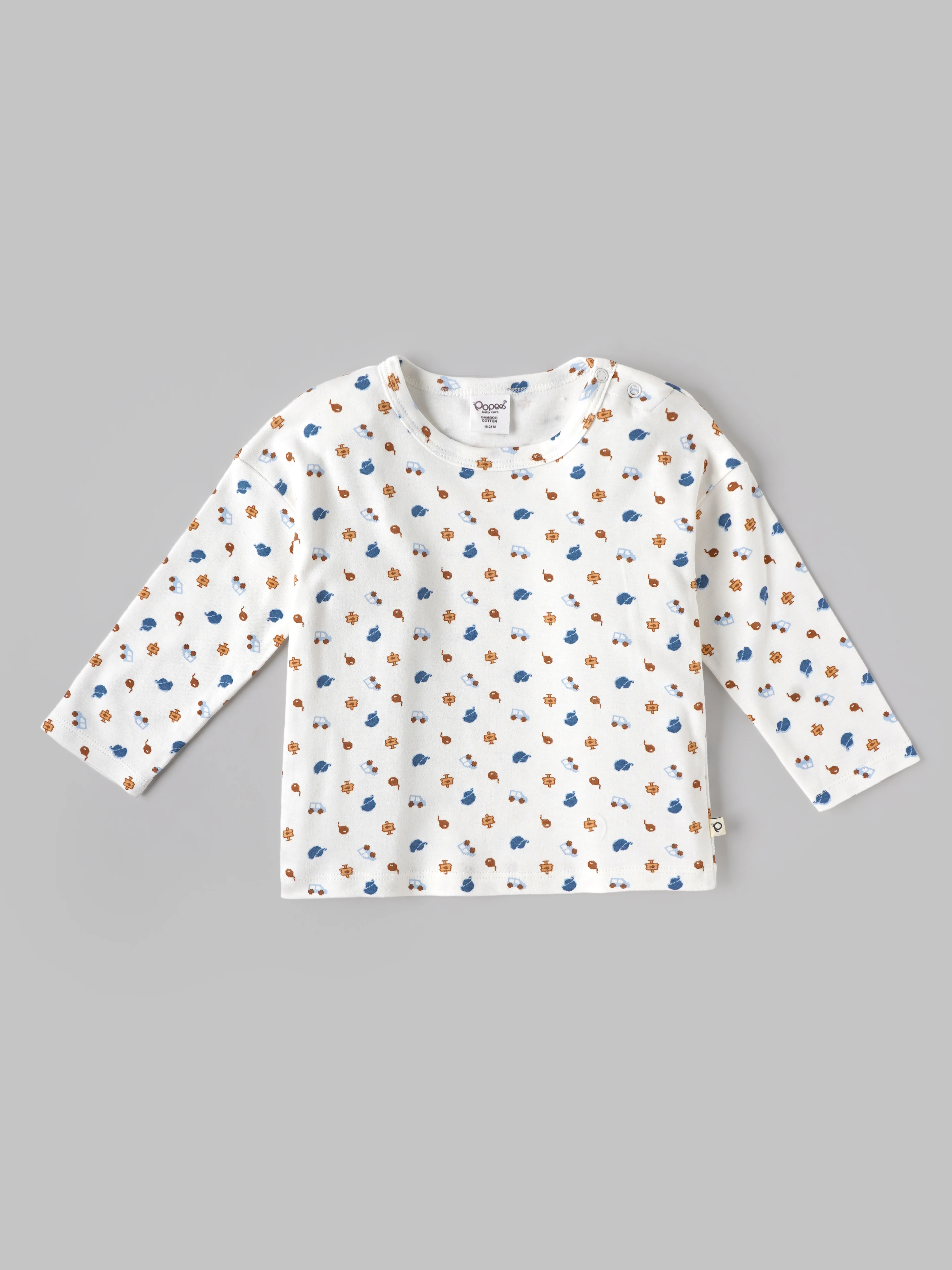 Popees Baby Boys Bamboo Cotton Printed T-Shirt | Soft & Breathable Full Sleeve Round Neck Tee | White Everyday Wear Top (3–24 Months)