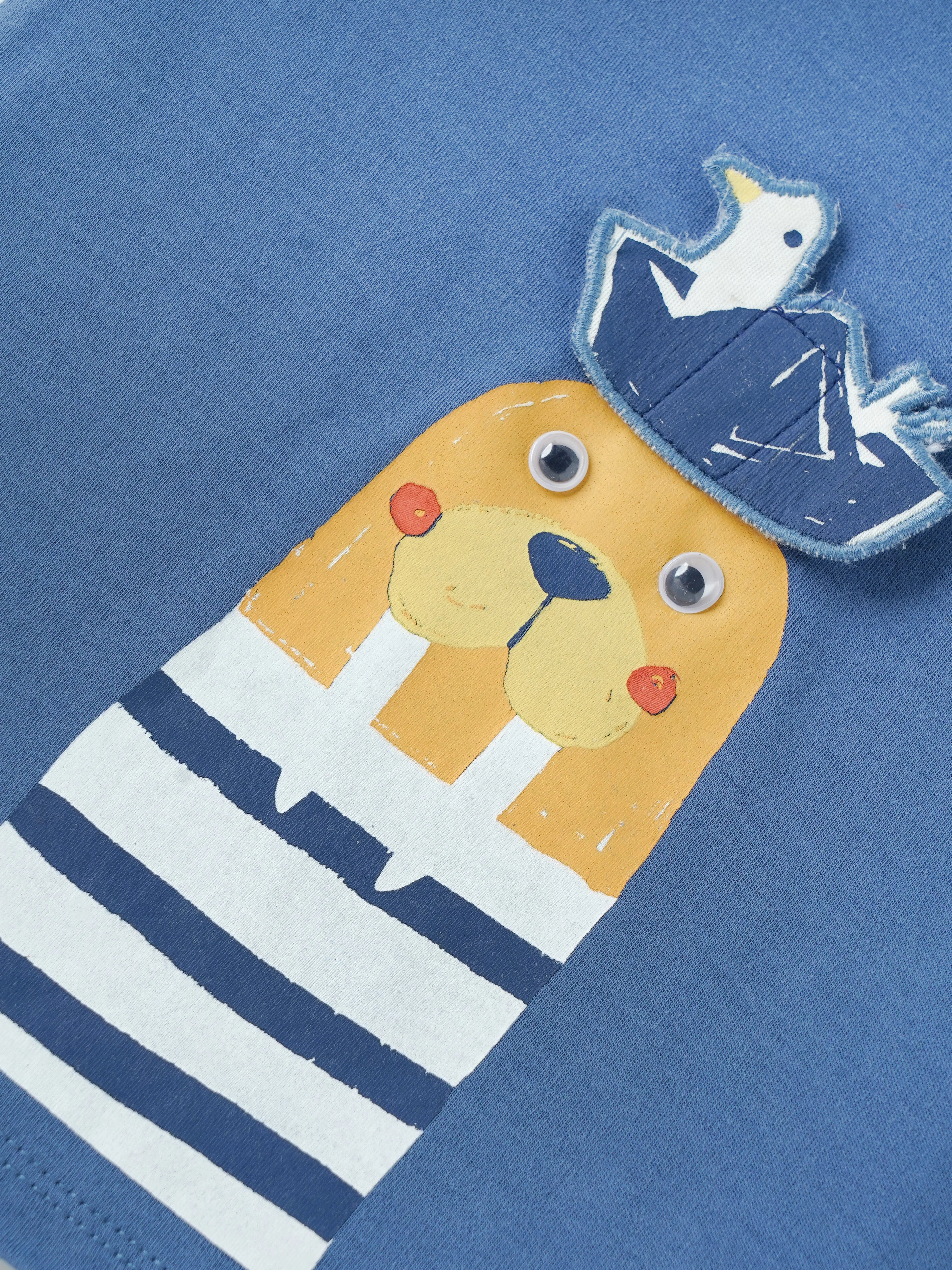 Popees Baby Boys Blue Cotton T-Shirt with Lion & Bird 3D Appliqué Design, Short Sleeve Casual Wear| 3–36 Months - Image 3