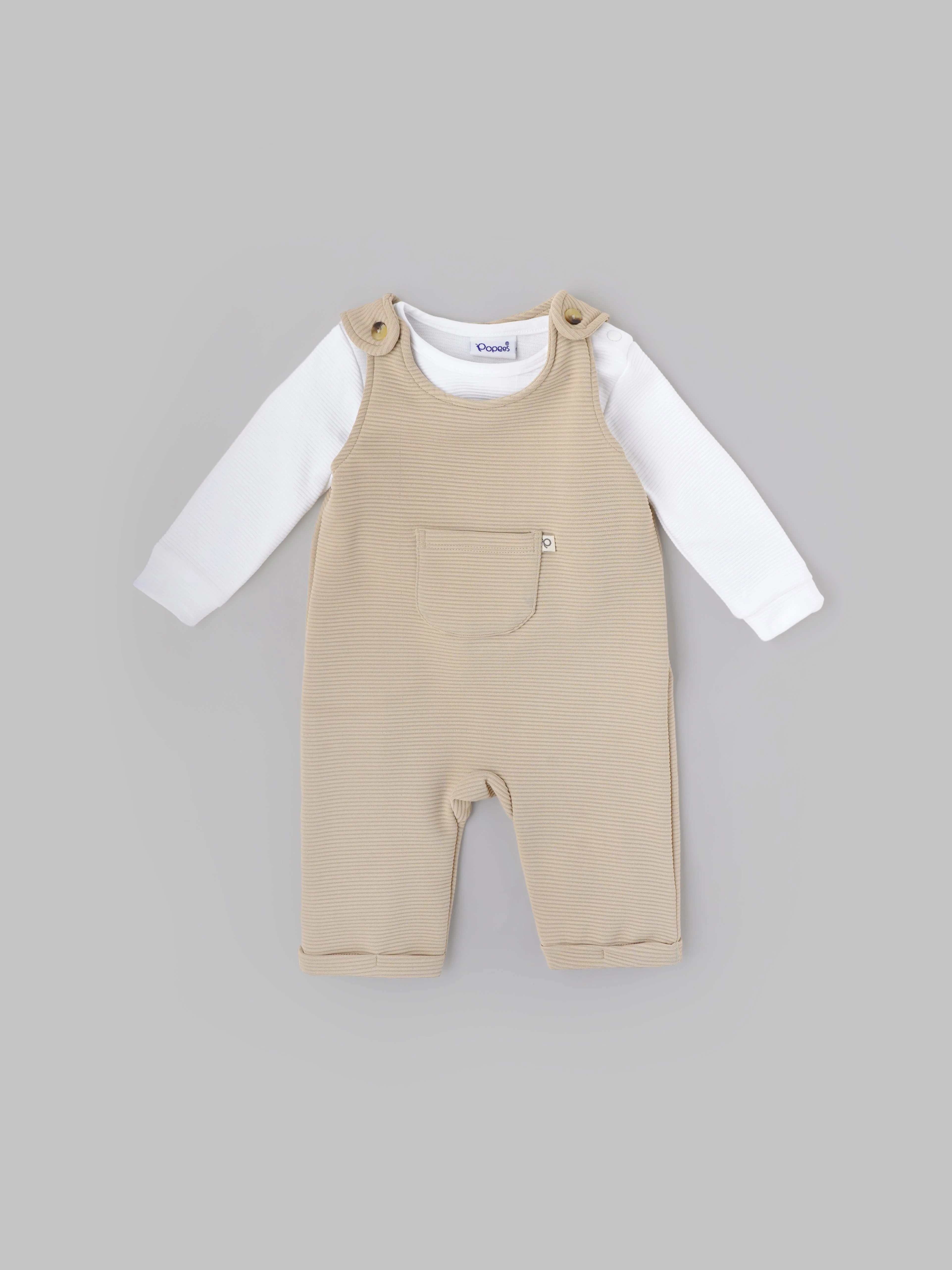 Popees Baby Boys Cotton Dungaree Set with Inner T-Shirt| Beige| 3-36 Months
