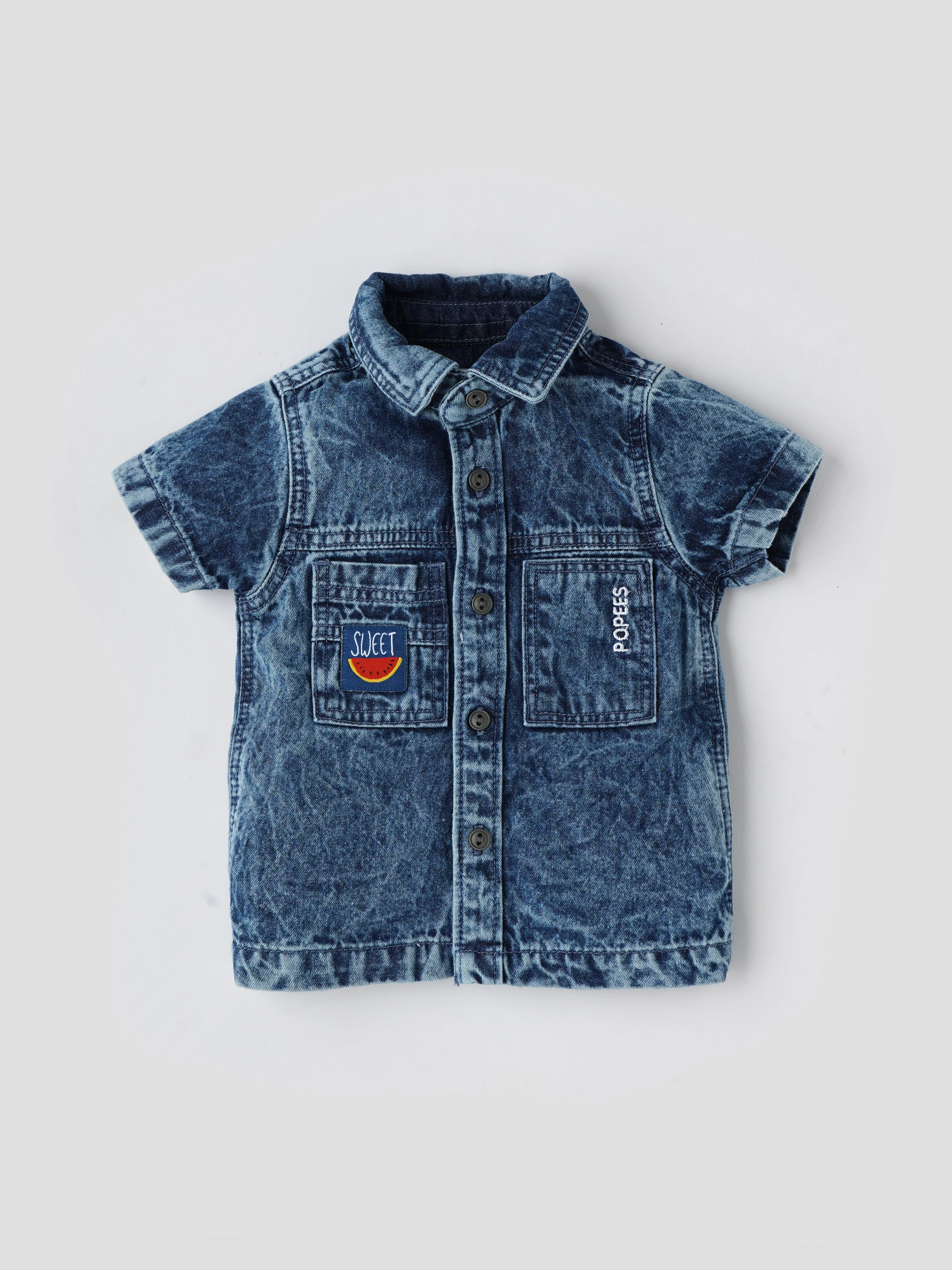 Popees Baby Boys Denim Short Sleeve Shirt| Blue| 0-9 Months