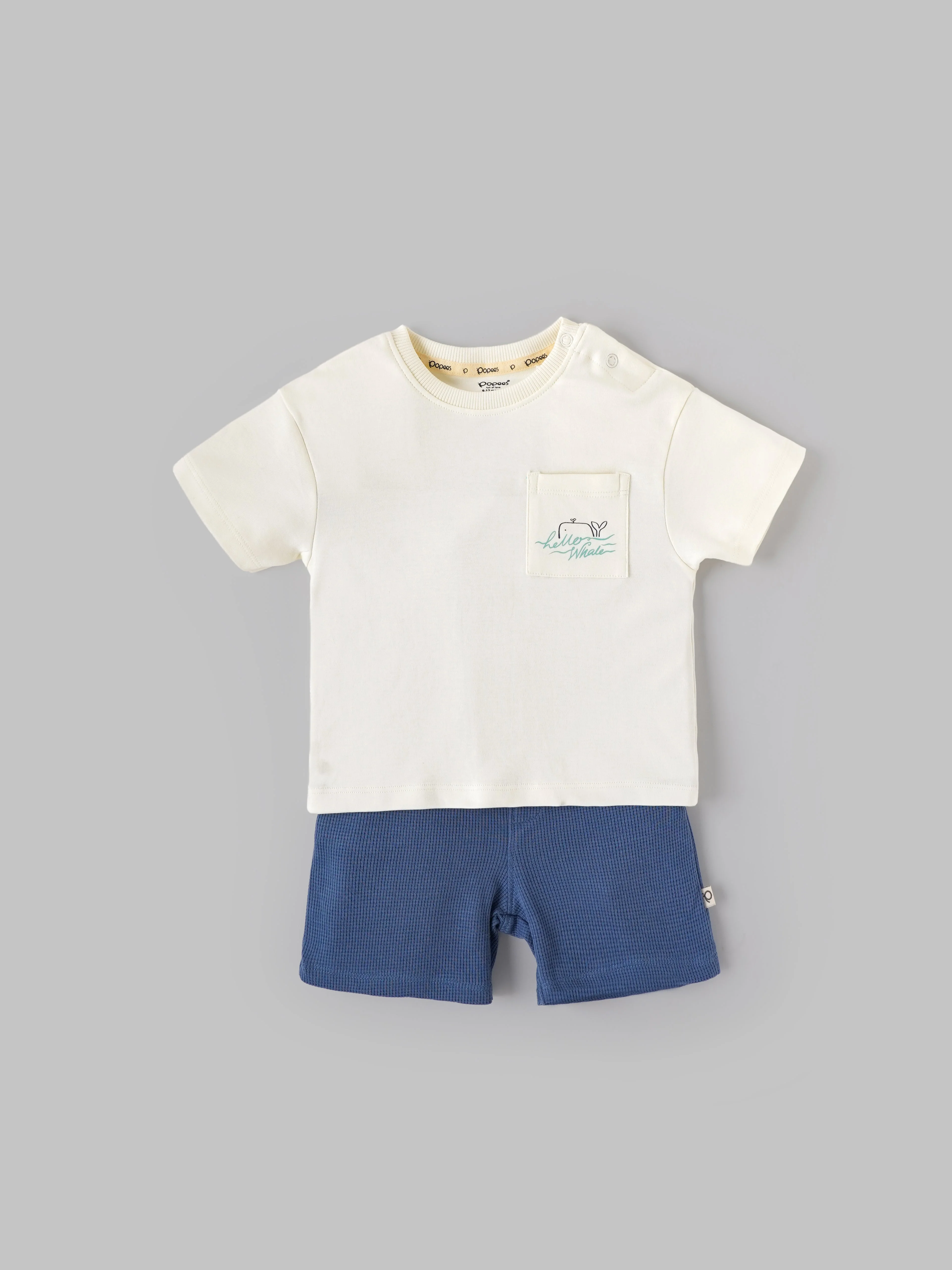 Popees Baby Boys Off-White T-shirt and Blue Shorts Set| 3-24 Months