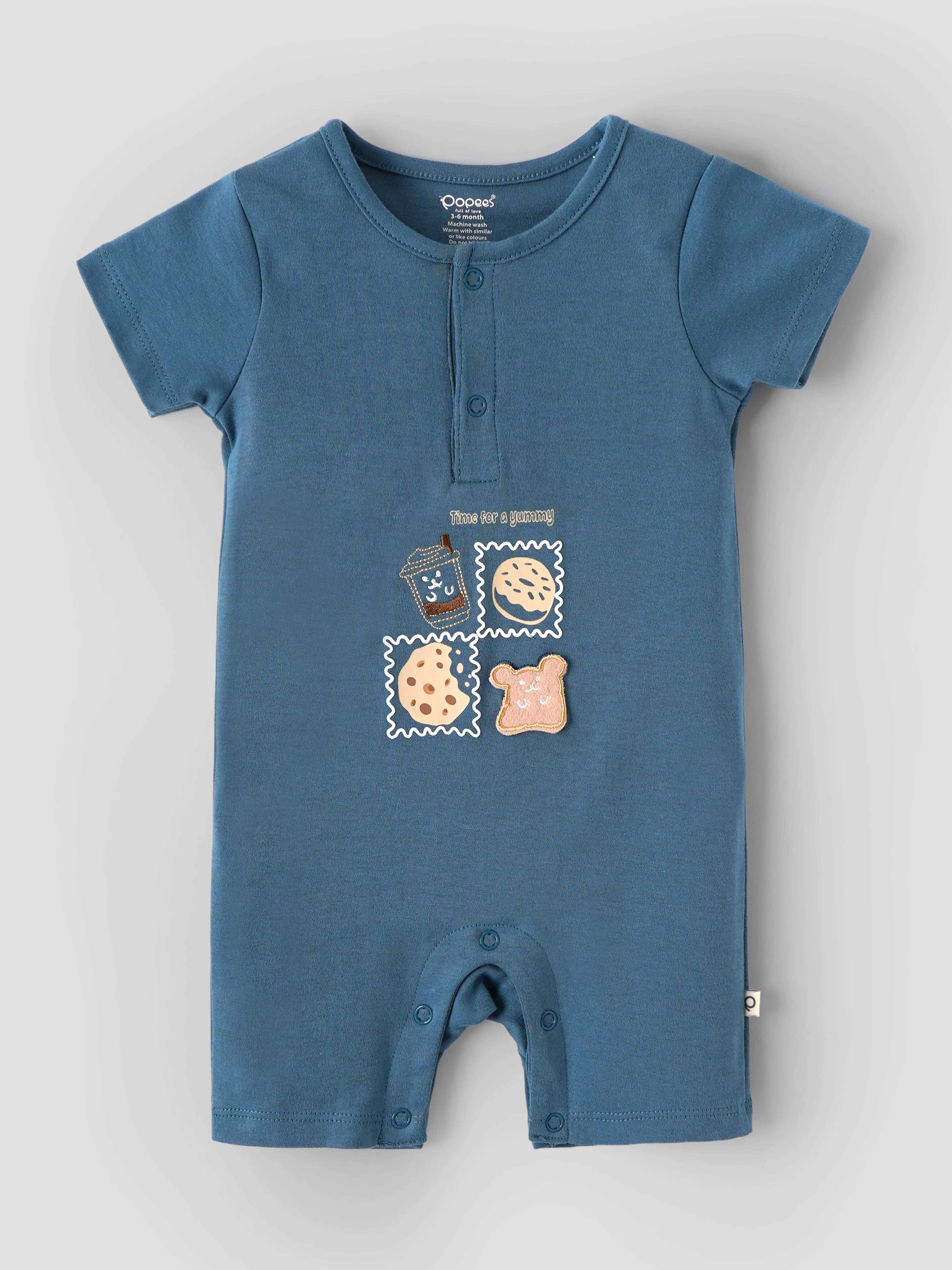 Popees Baby Boys Printed Half Sleeve Romper | Soft Cotton Round Neck | Blue | 0–9 Months