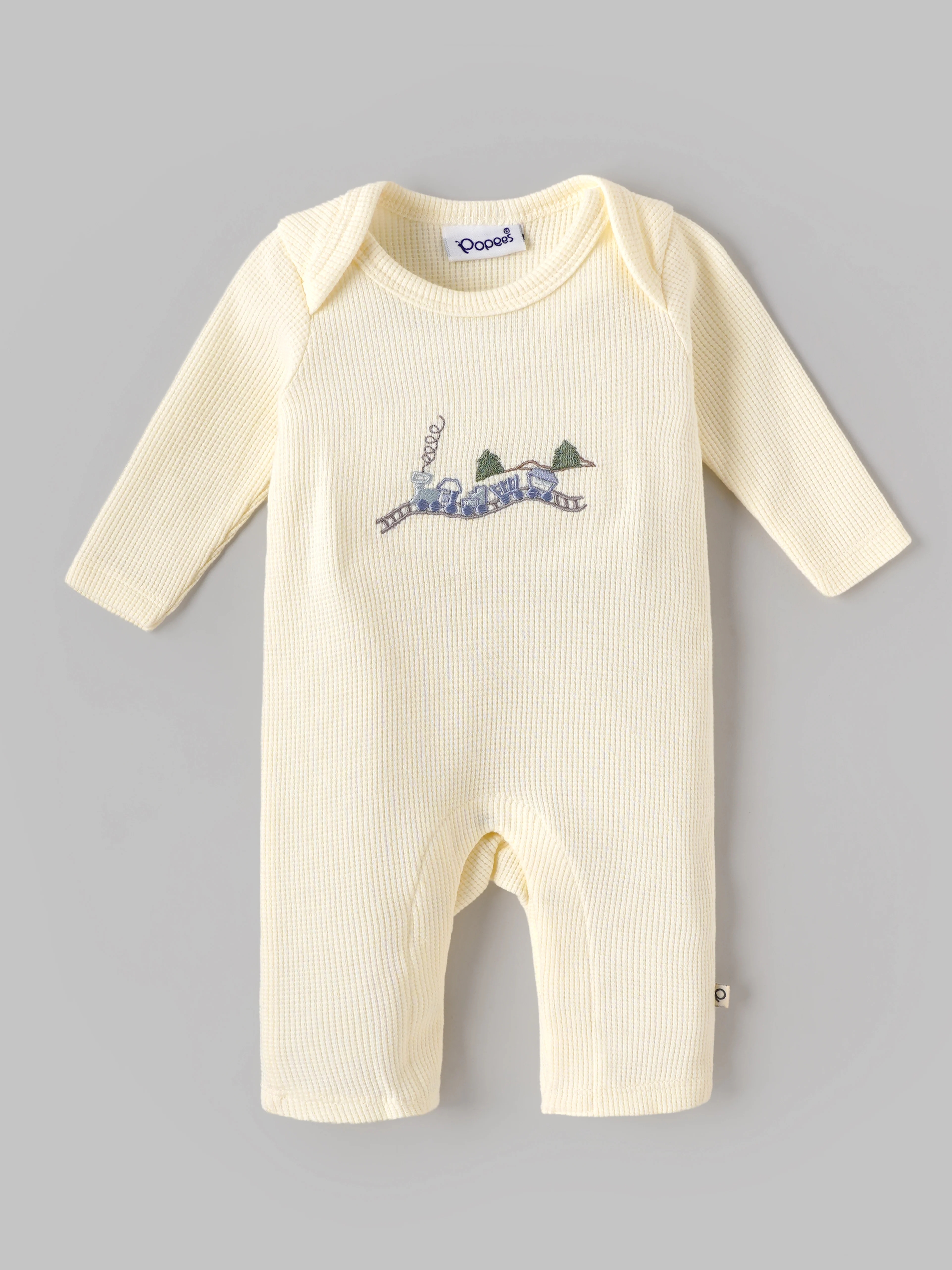 Popees Baby Boys Waffle Knit Romper | Soft Cotton Long Sleeve One-Piece with Train Embroidery |0–9 Months
