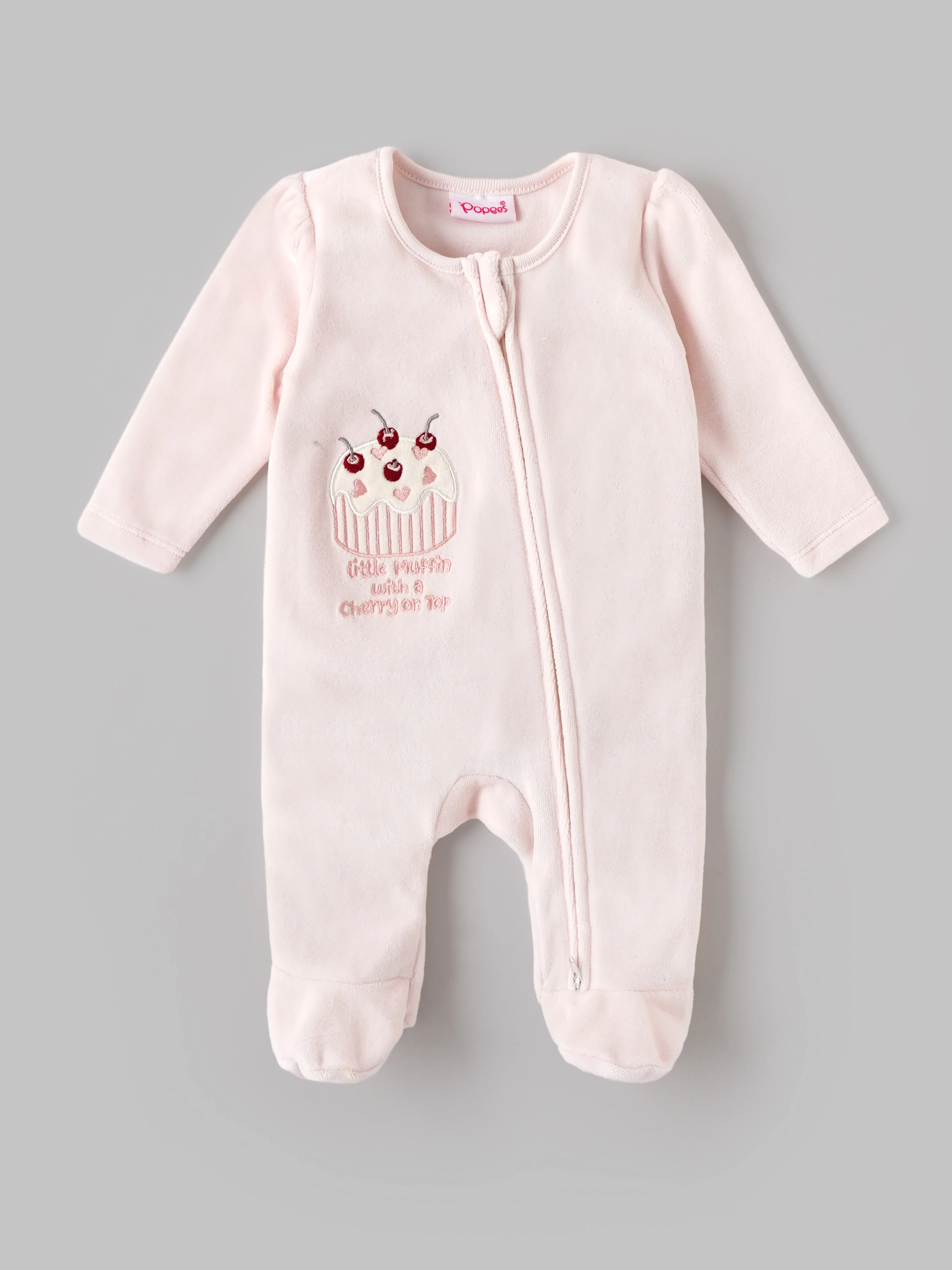 Popees Baby Girls Cherry Embroidered Velour Sleepsuit | Soft Zip-Up Footed Romper | Light Pink | 0-6 Months