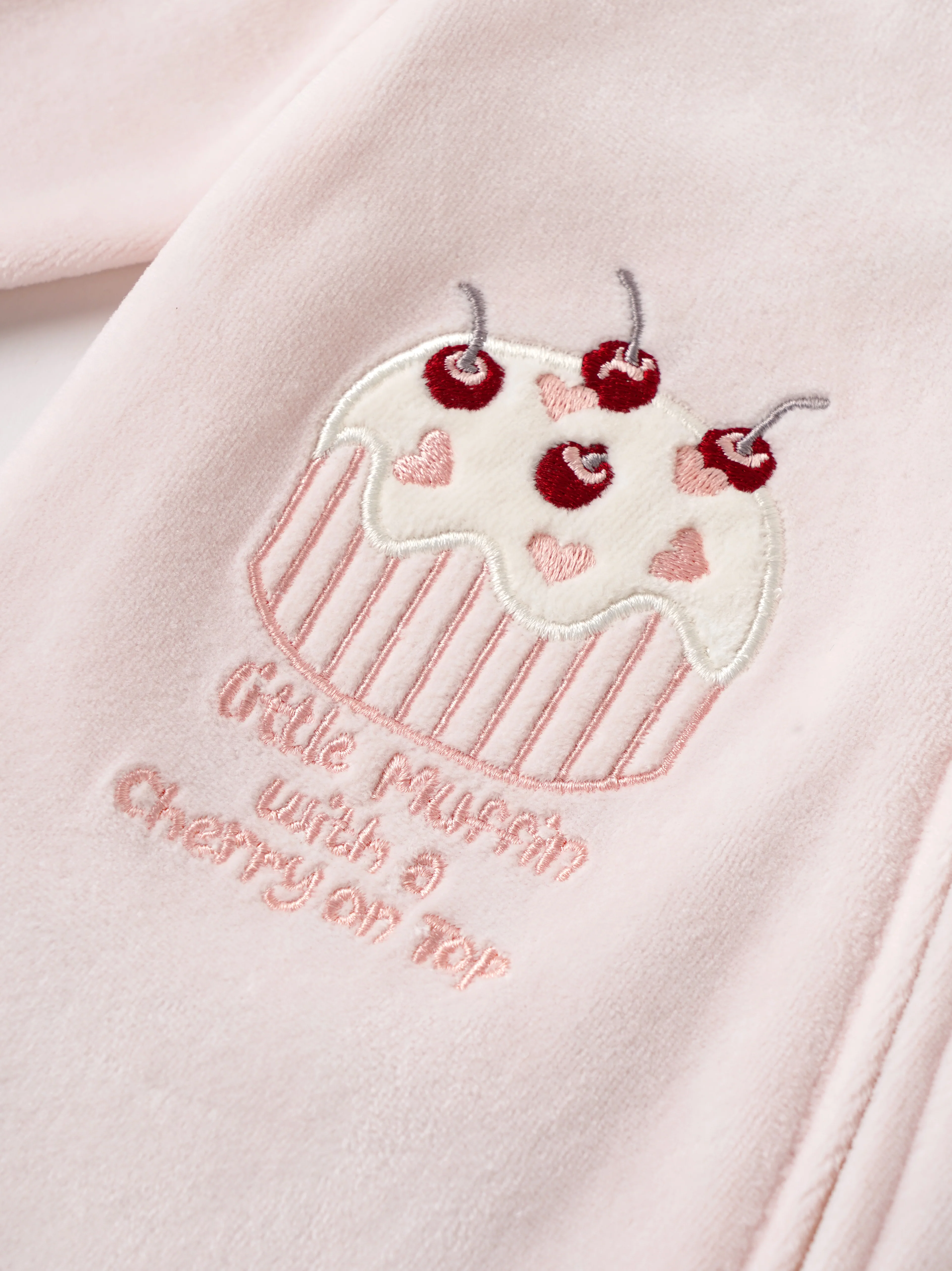 Popees Baby Girls Cherry Embroidered Velour Sleepsuit | Soft Zip-Up Footed Romper | Light Pink | 0-6 Months - Image 6