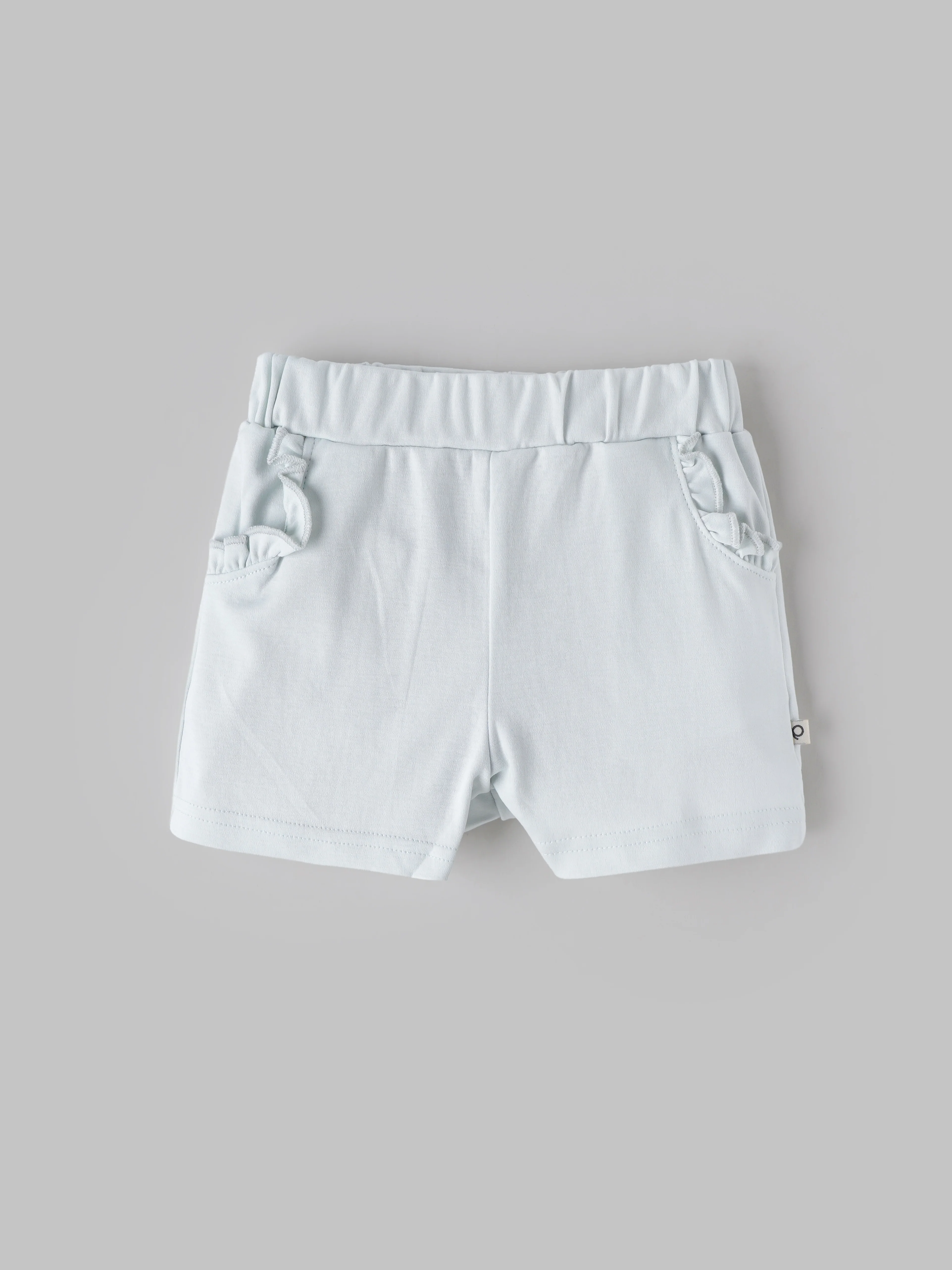 Popees Baby Girls Cotton Shorts | Soft Elastic Waist Casual Shorts with Ruffle Pocket Detail | Light Blue |9 Months to 4 Years
