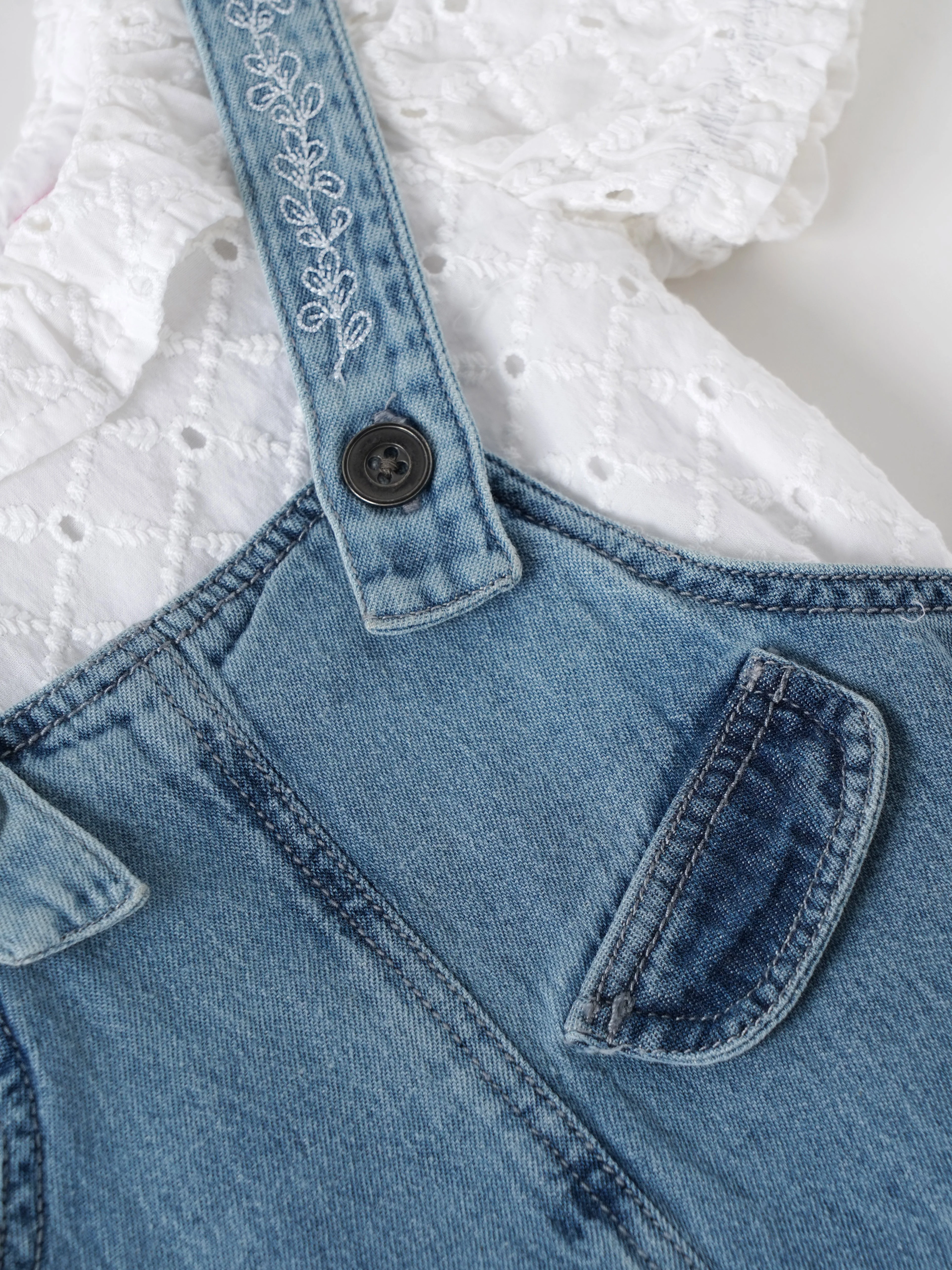 Popees Baby Girls Denim Dungaree Set with Cotton Frill Neck Top, 2-Piece Summer Outfit| Adjustable Strap Shorts Romper for Infants & Toddlers| 3–24 Months - Image 5