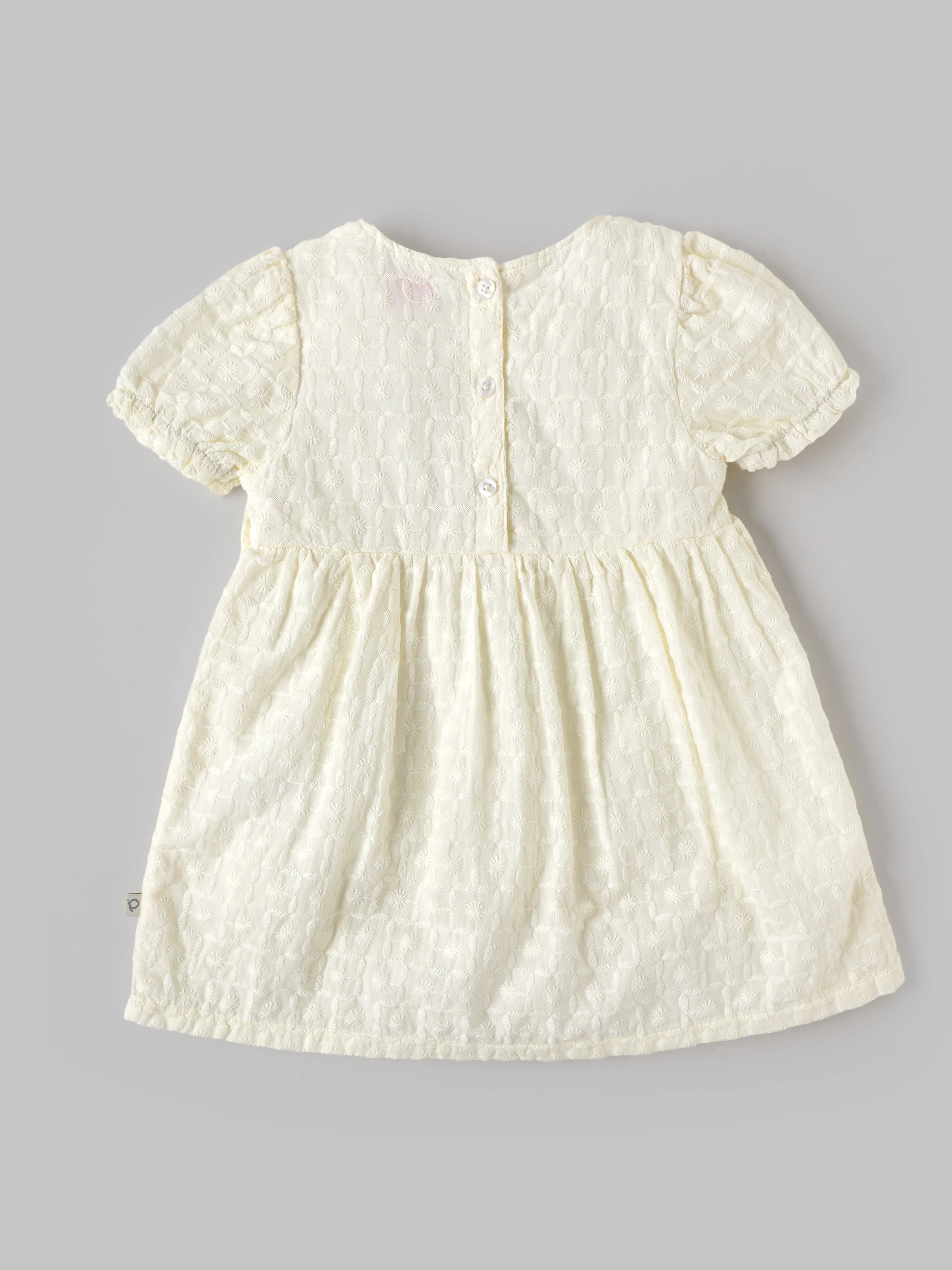 Popees Baby Girls Embroidered Puff Sleeve Dress | Soft Textured Cotton Party Dress | Off White | 3-24 Months - Image 2