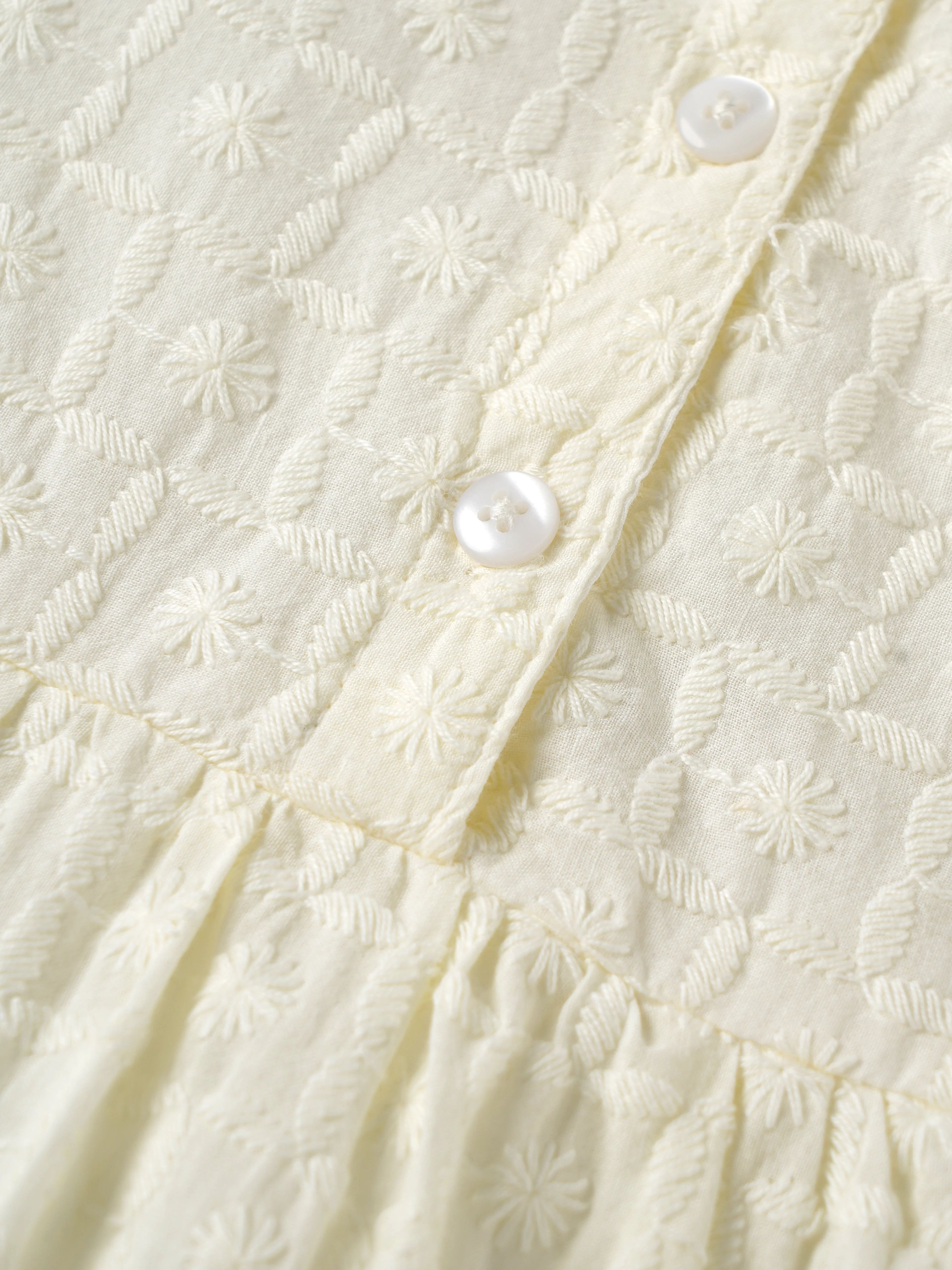Popees Baby Girls Embroidered Puff Sleeve Dress | Soft Textured Cotton Party Dress | Off White | 3-24 Months - Image 3