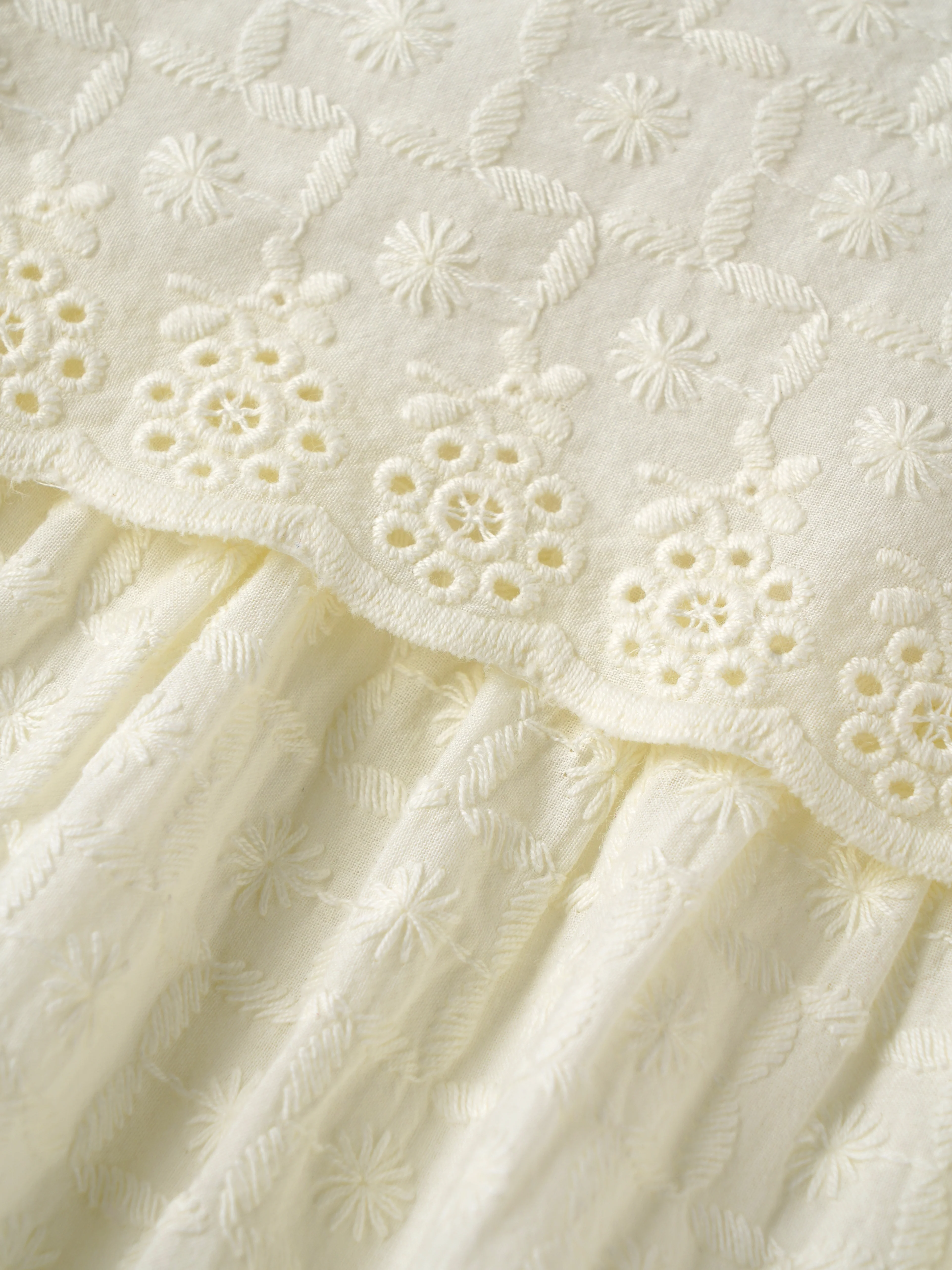Popees Baby Girls Embroidered Puff Sleeve Dress | Soft Textured Cotton Party Dress | Off White | 3-24 Months - Image 6