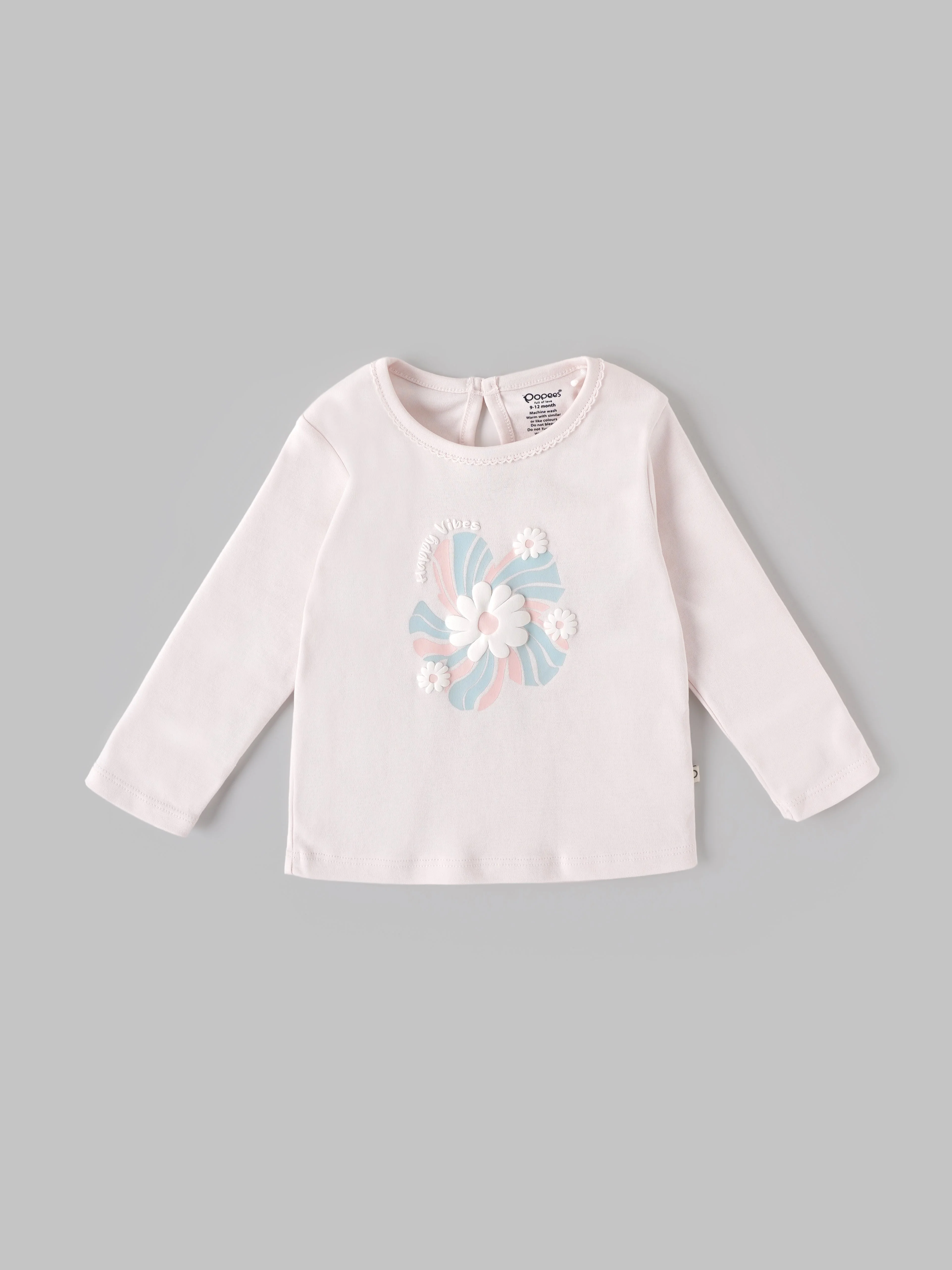 Popees Baby Girls Floral Long Sleeve Cotton Top with 3D Applique| 3M–24M