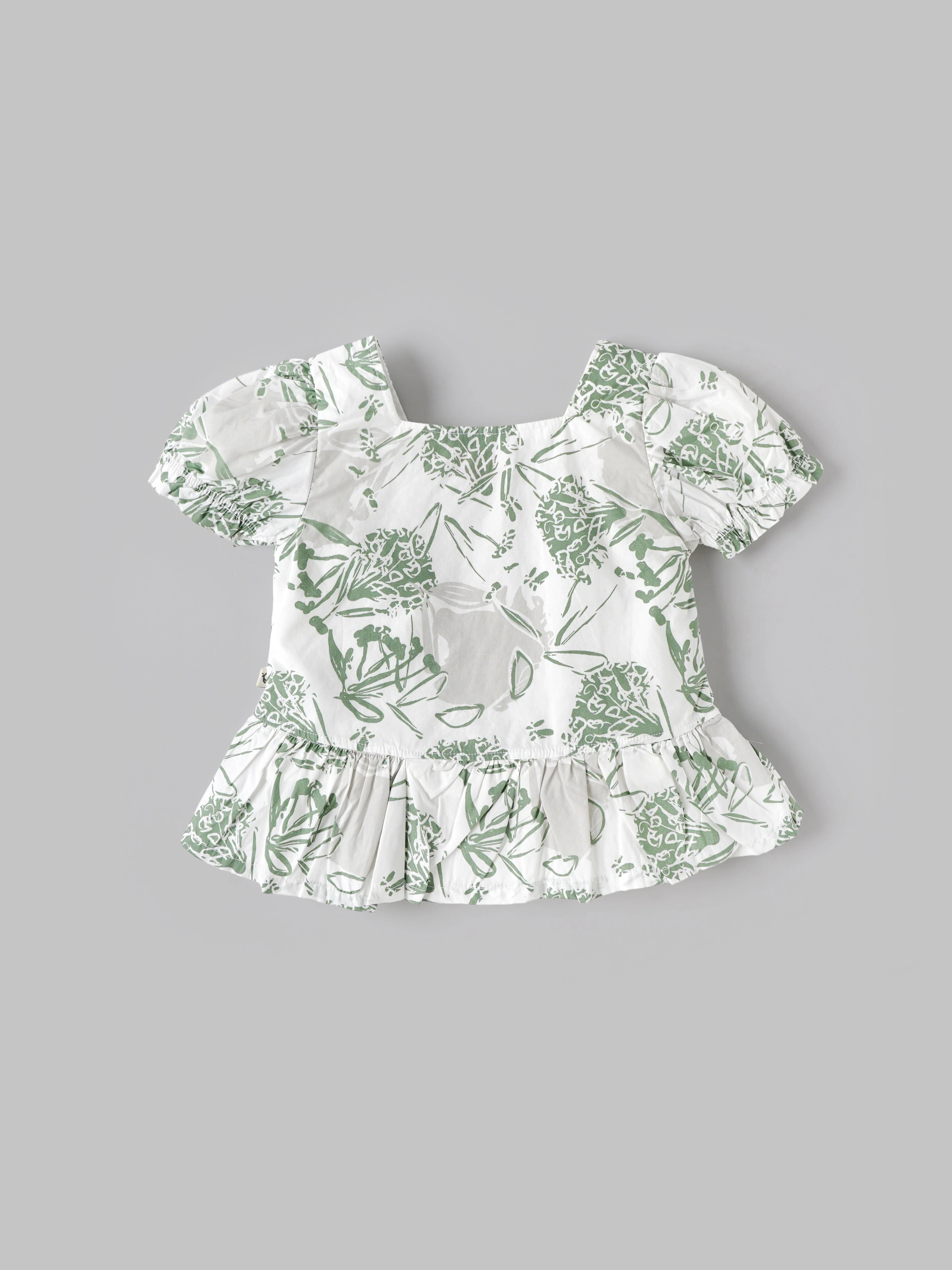 Popees Baby Girls Green Floral Print Peplum Top with Puff Sleeves| 9 Months–4 Years - Image 2