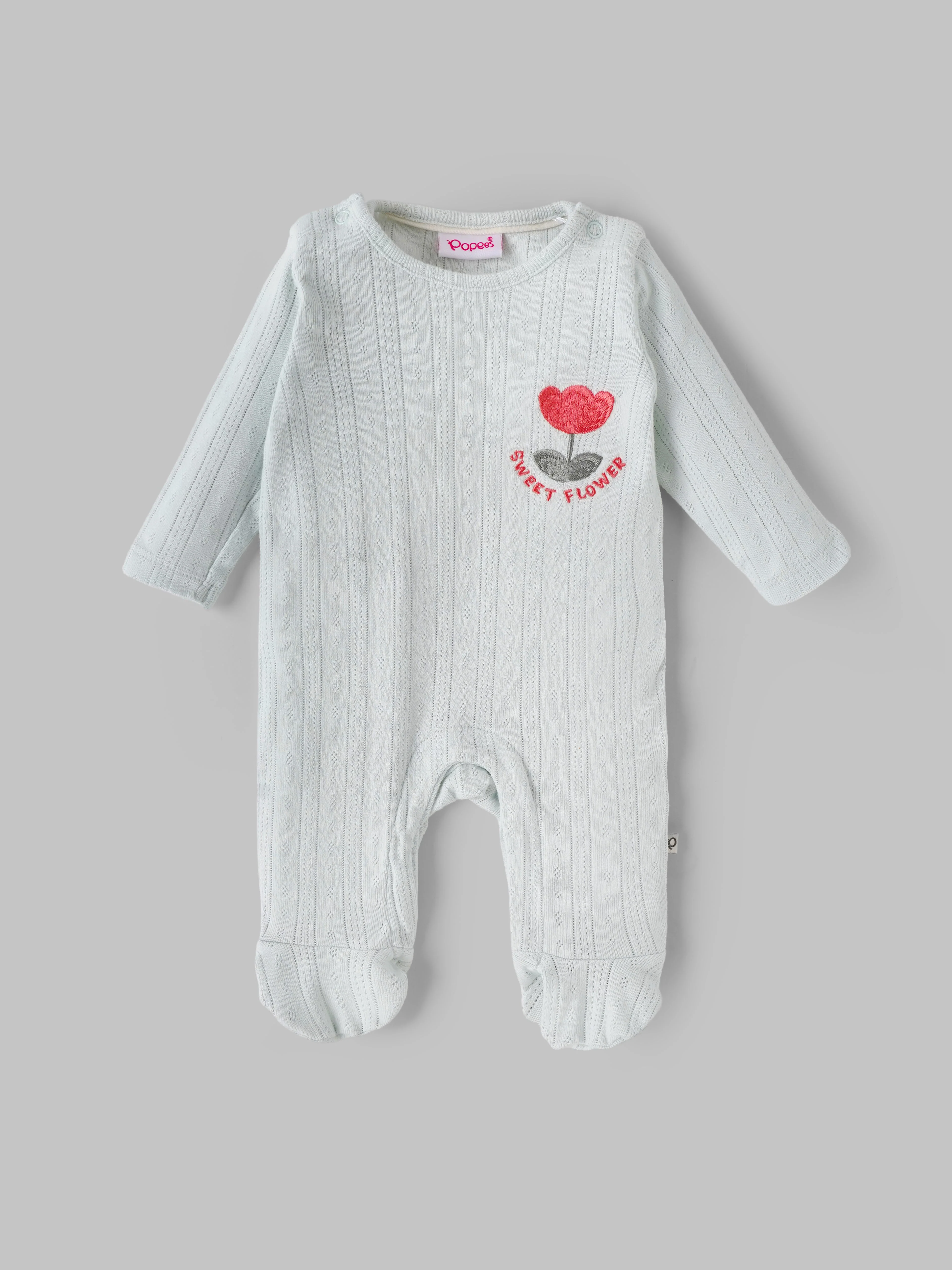 Popees Baby Girls Mint “Sweet Flower” Sleepsuit | Tiny Baby, Newborn–6 Months