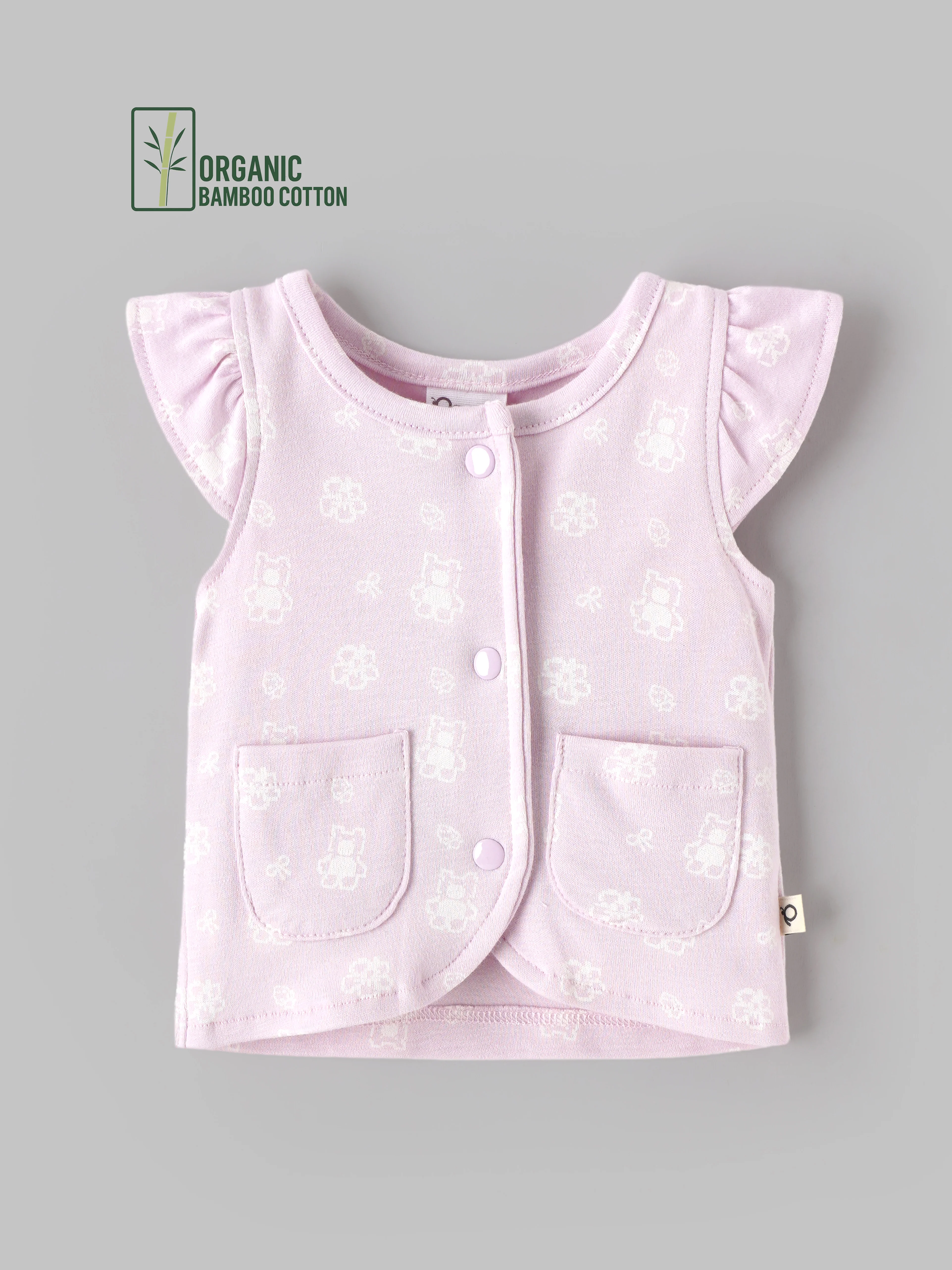 Popees Baby Girls Organic Bamboo Cotton Jhabla | Soft Sleeveless Front Open Vest with Pockets | 0-6 Months