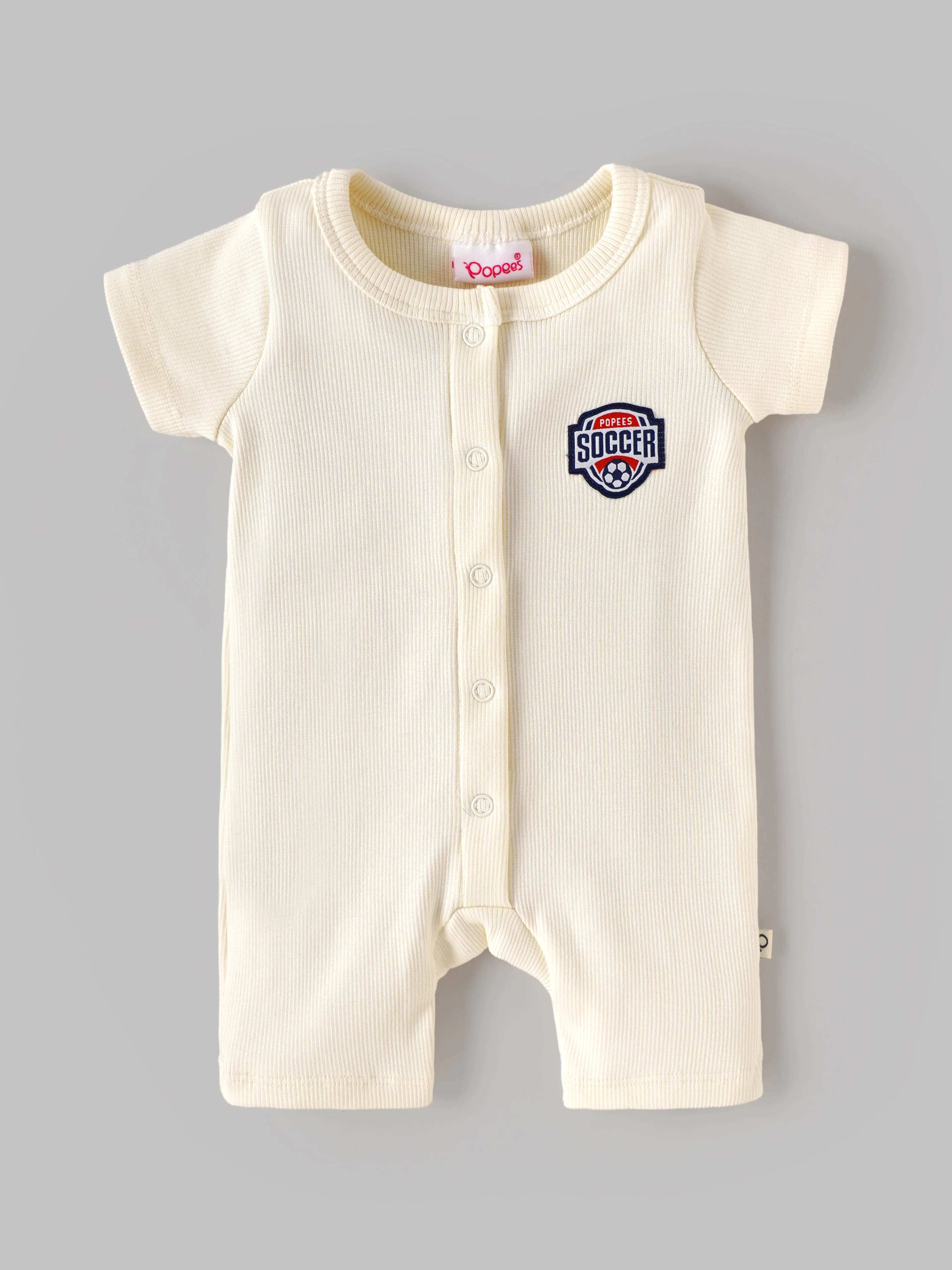 Popees Baby Girls Ribbed Cotton Half Sleeve Romper | Front Snap Button Onesie with Soccer Patch | Soft & Breathable | 0–6 Months