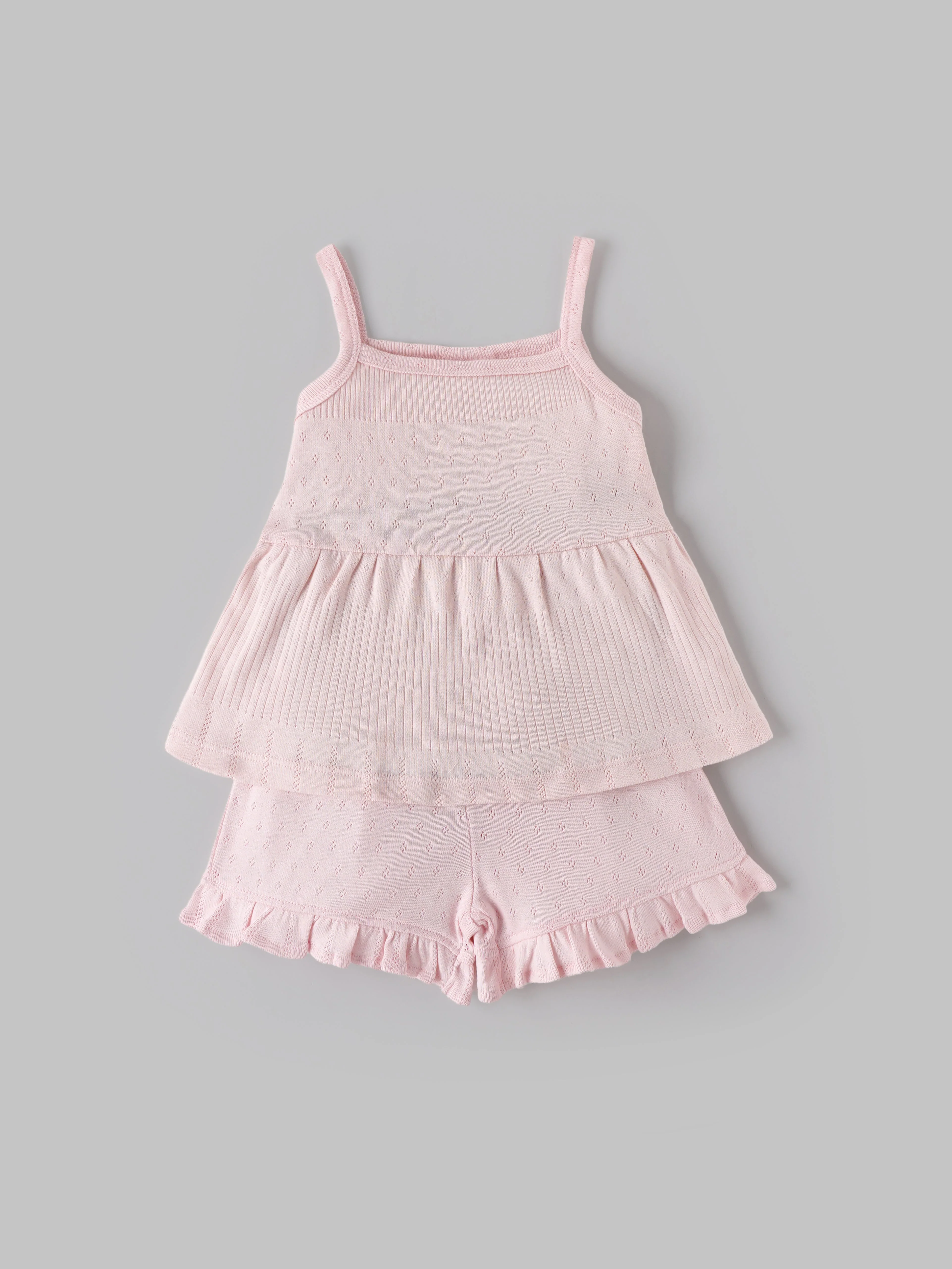 Popees Baby Girls Pointelle Knit Sleeveless Top & Ruffle Hem Shorts Set| Pink| 3 to 24 Months