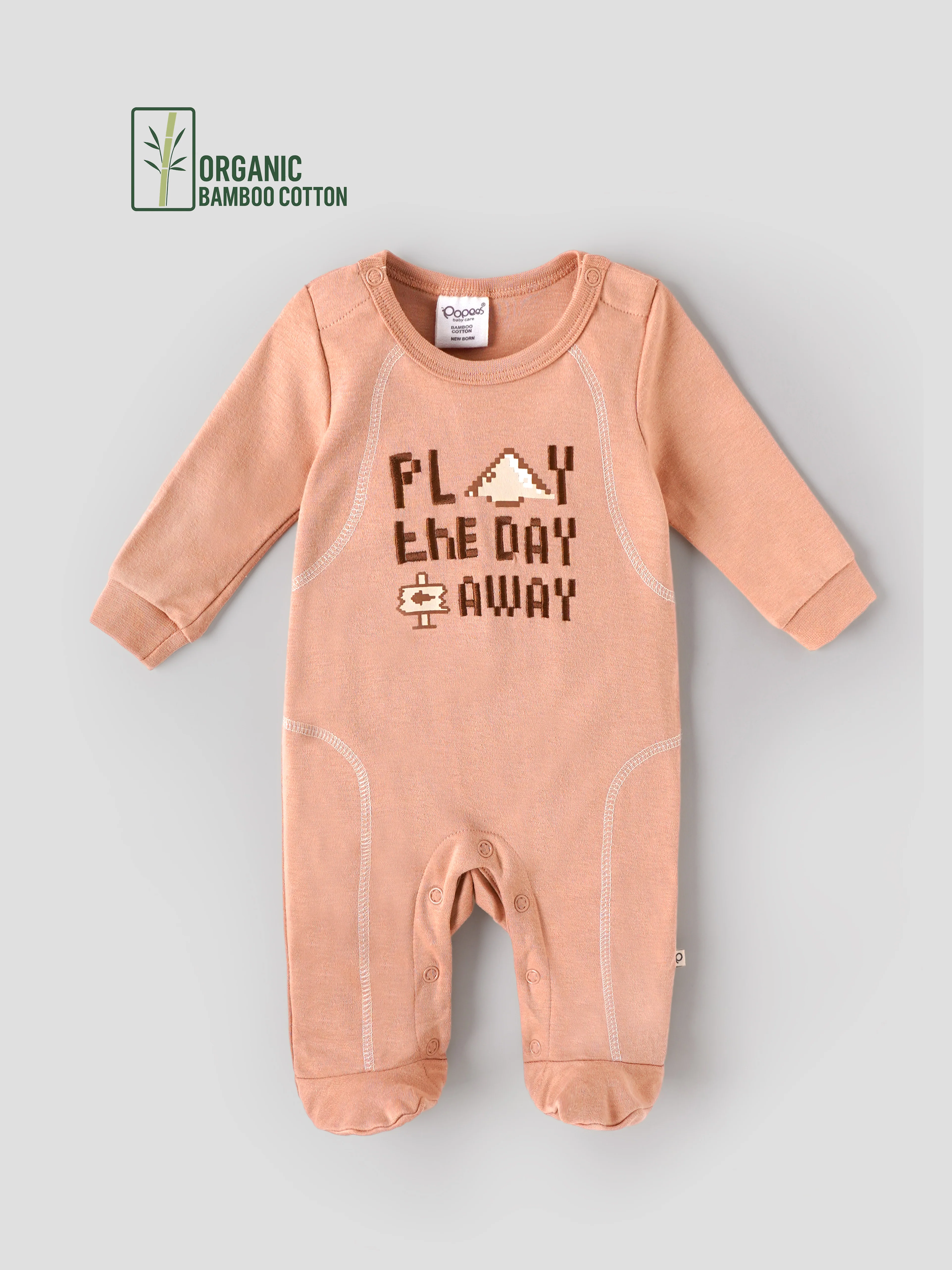 Popees Baby Organic Bamboo Cotton Full Sleeve Sleepsuit | Soft Footed Romper with Snap Closure | Newborn Baby Wear | 0–6 Months