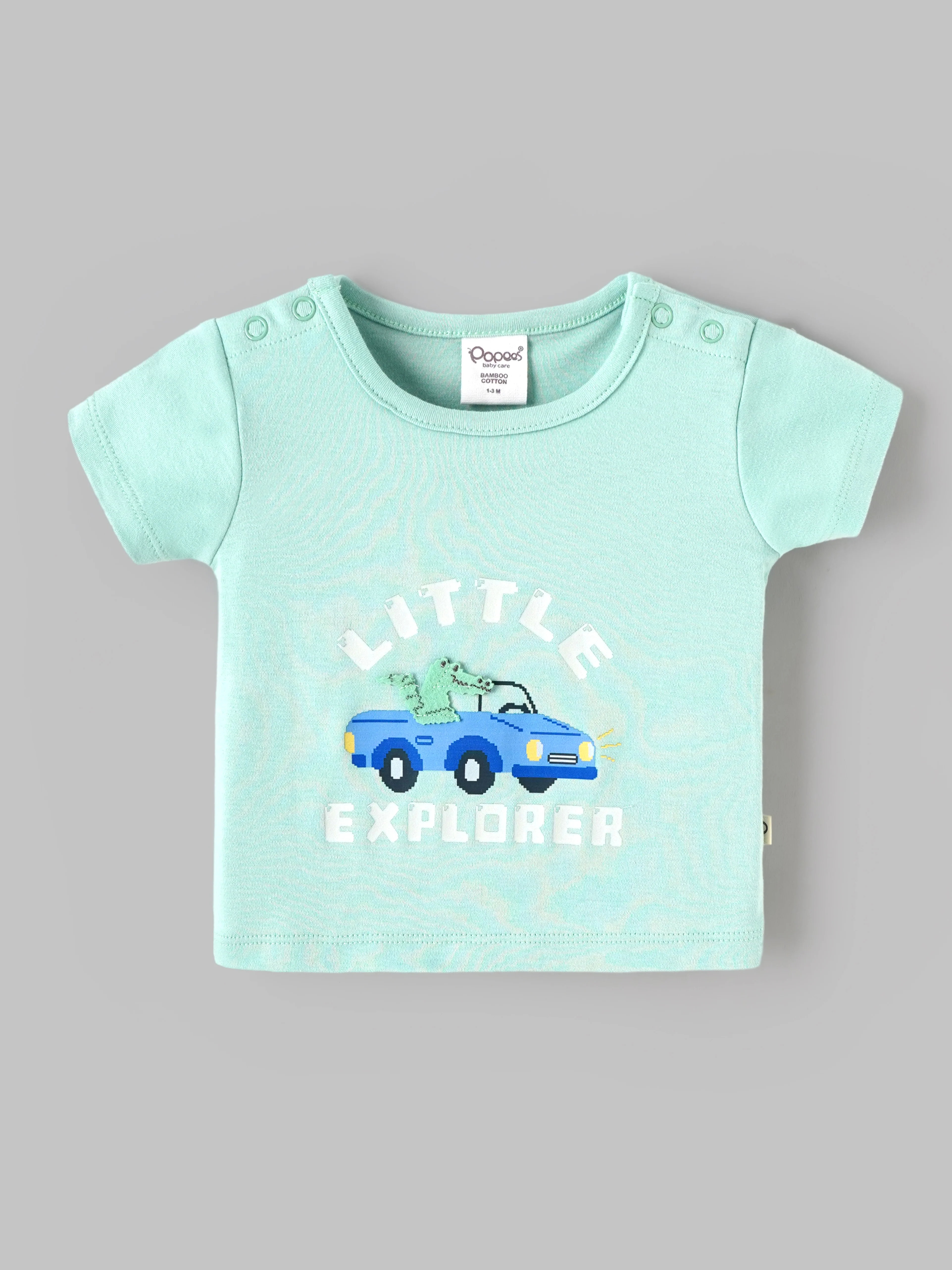 Popees Baby Unisex Organic Bamboo Cotton T-Shirt & Shorts Set | Little Explorer Car Print Co-Ord Set | 0–9 Months - Image 2