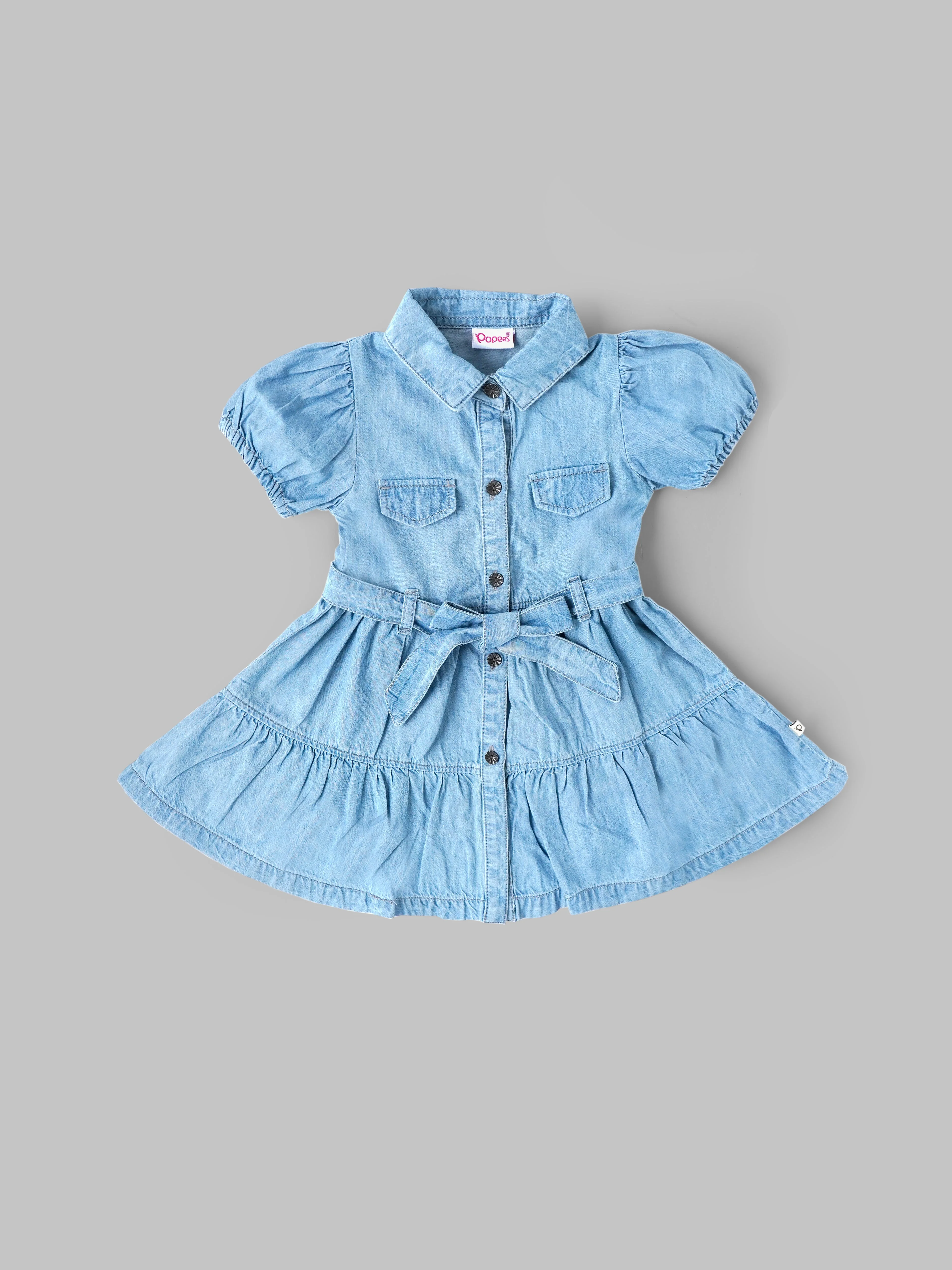 Popees Girls Denim Fit & Flare Dress with Belt | Soft Cotton Denim Dress for Kids (9M–4Y)