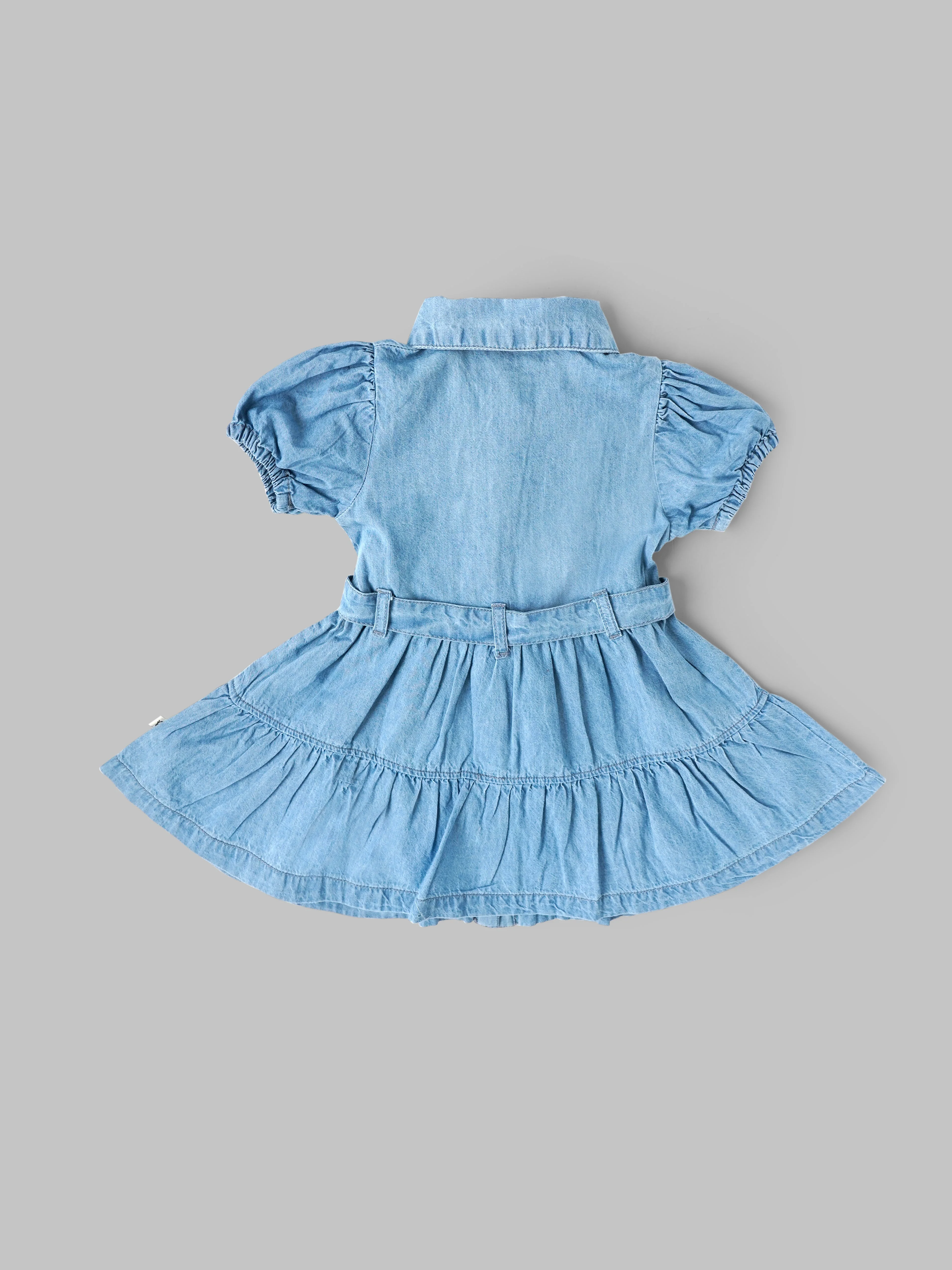Popees Girls Denim Fit & Flare Dress with Belt | Soft Cotton Denim Dress for Kids (9M–4Y) - Image 2