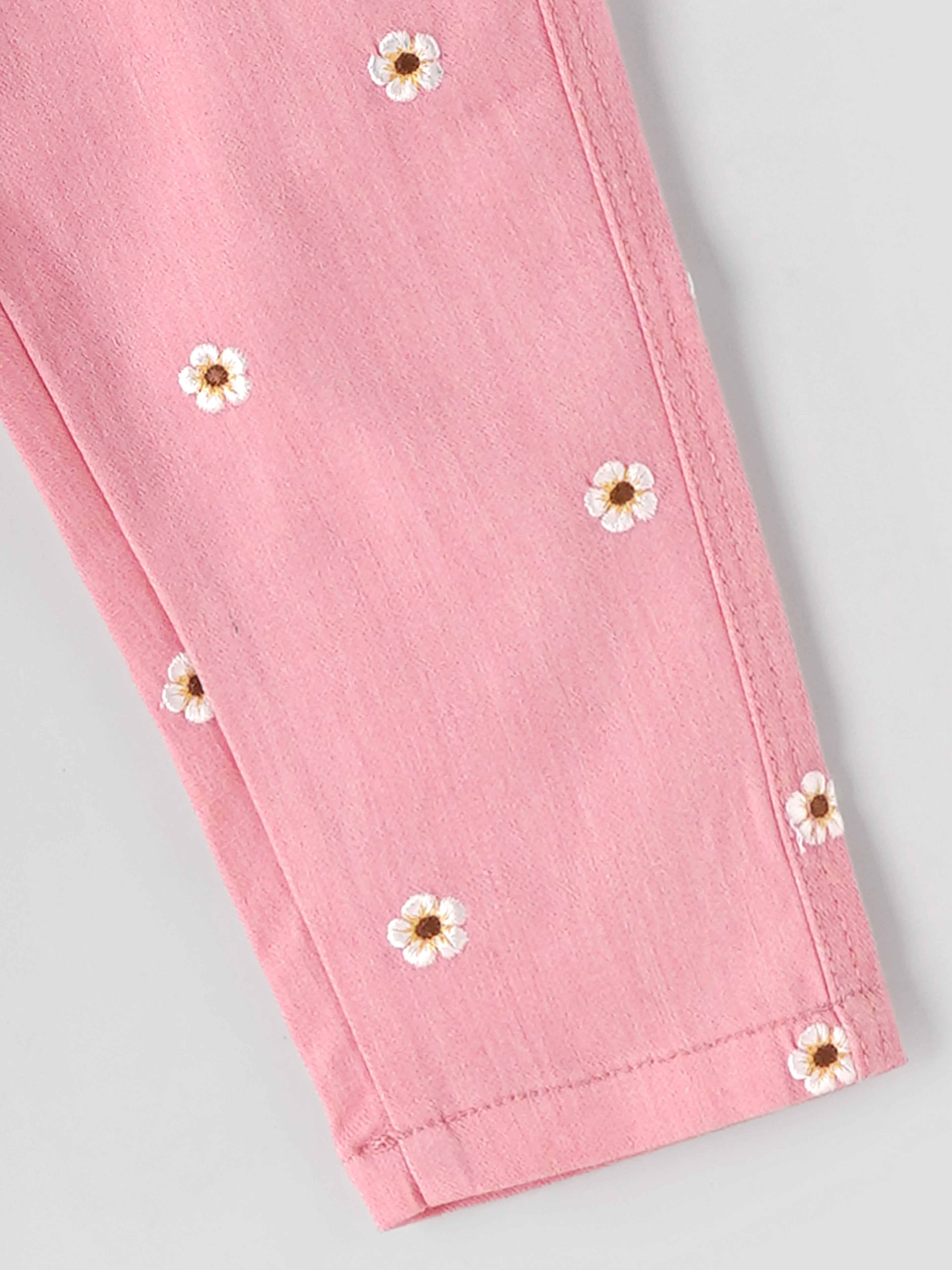 Popees Girls Floral Printed Pink Denim Pants with Button Closure| 1–8 Years - Image 2