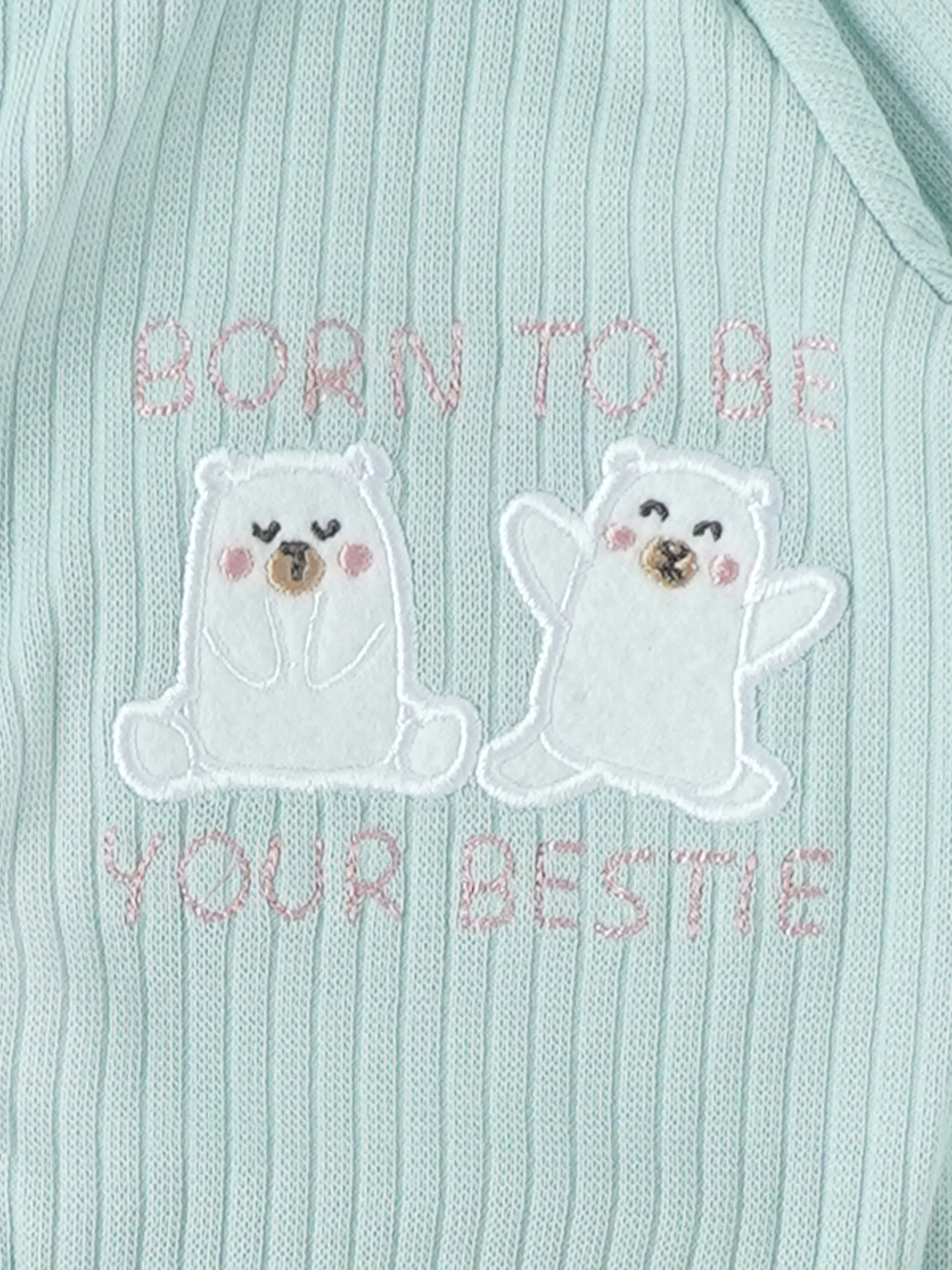 Popees Unisex Baby Ribbed Cotton Full Sleeve Footed Sleepsuit with Snap Button Closure & Bear Embroidery (NB–9 Months) - Image 2