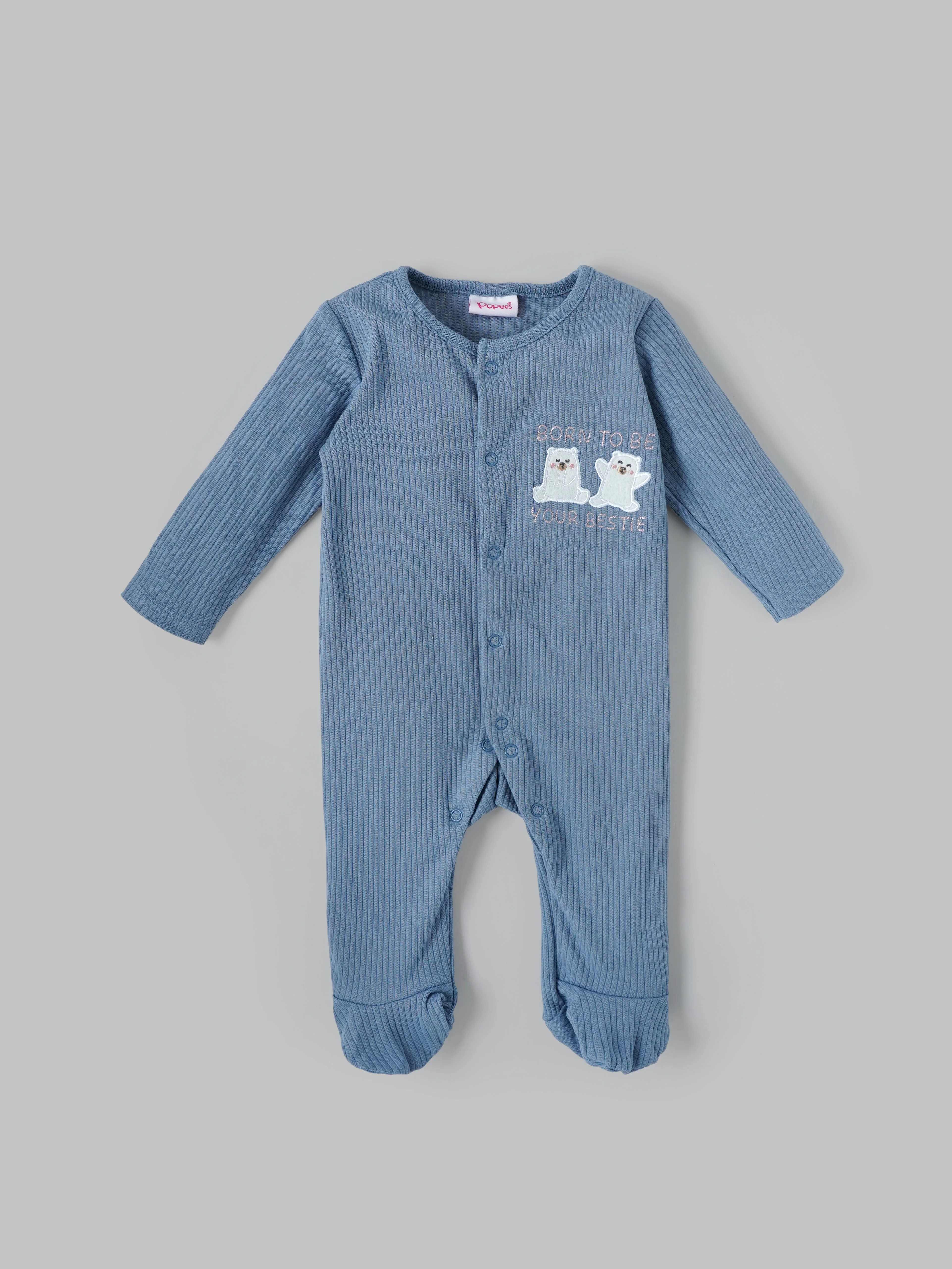 Popees Unisex Baby Ribbed Cotton Full Sleeve Footed Sleepsuit| NB–9 Months