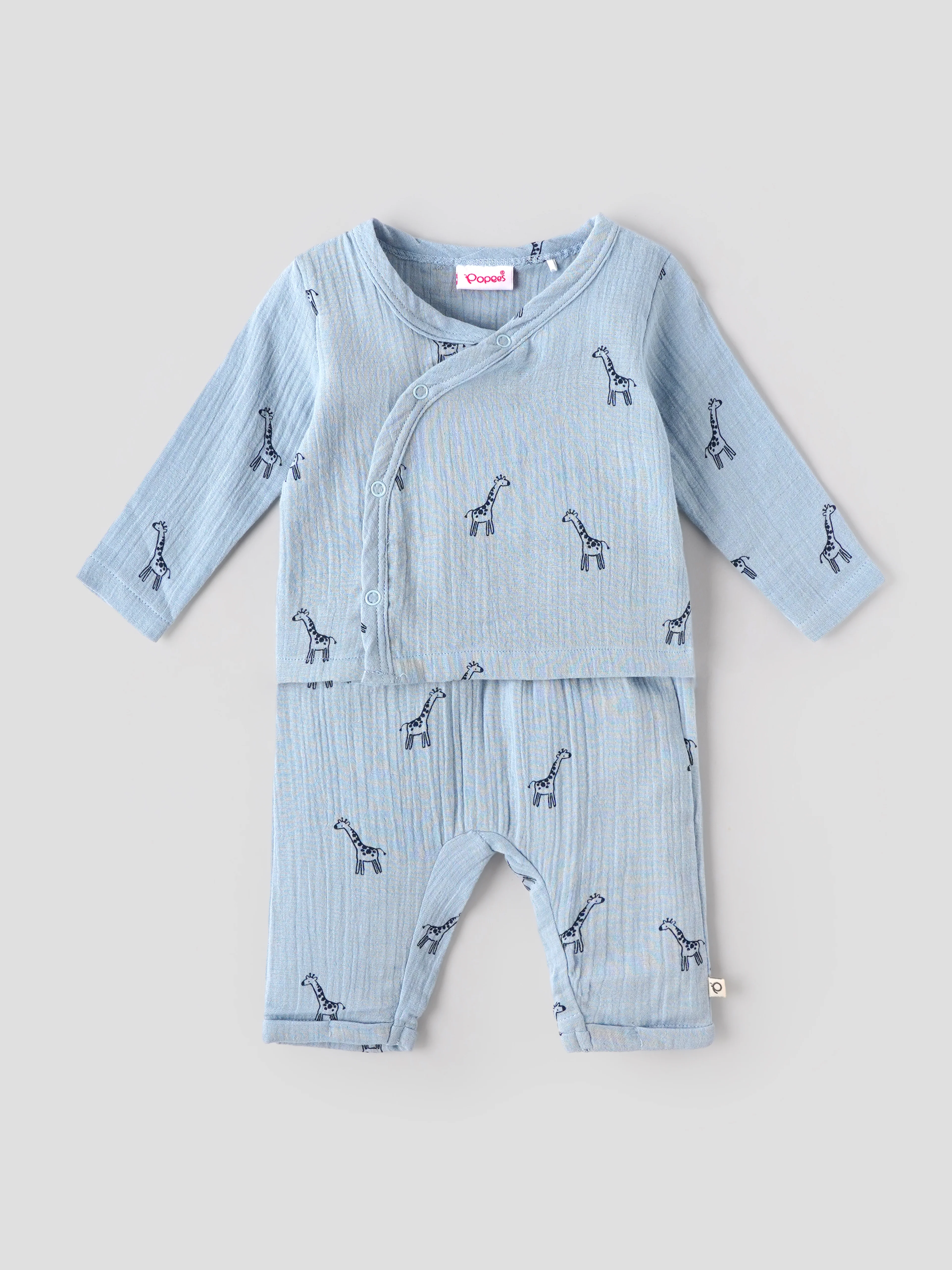 Popees Unisex Giraffe Print 3-Piece Clothing Set | Soft Muslin Cotton Wrap Top, Pants & Bonnet | Blue | NB-9 Months - Image 2