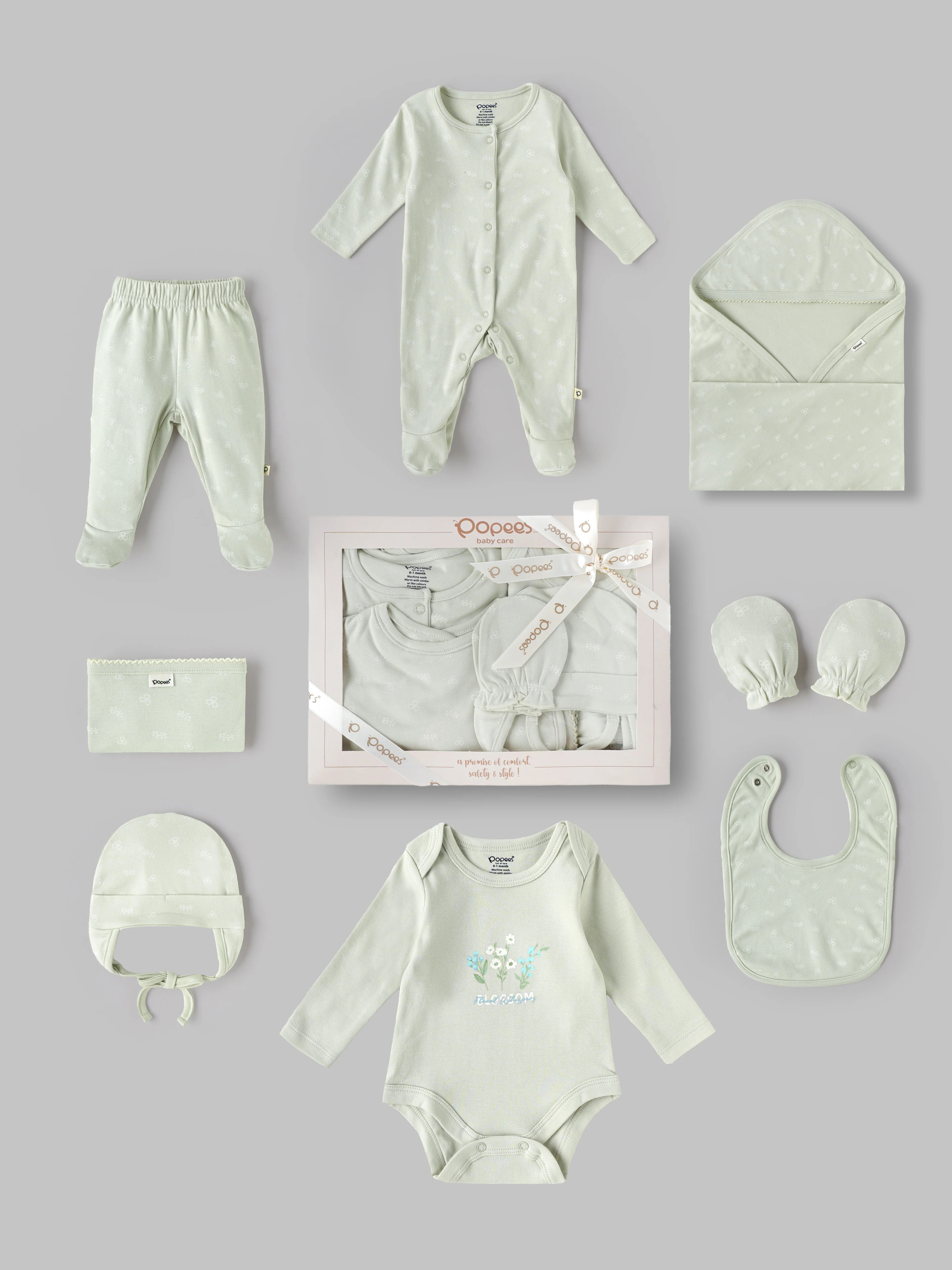 Popees Unisex Newborn Baby Gift Box Set | 8-Piece Premium Cotton Baby Essentials Hamper with Romper, Bodysuit, Blanket & Accessories | 0–6 Months