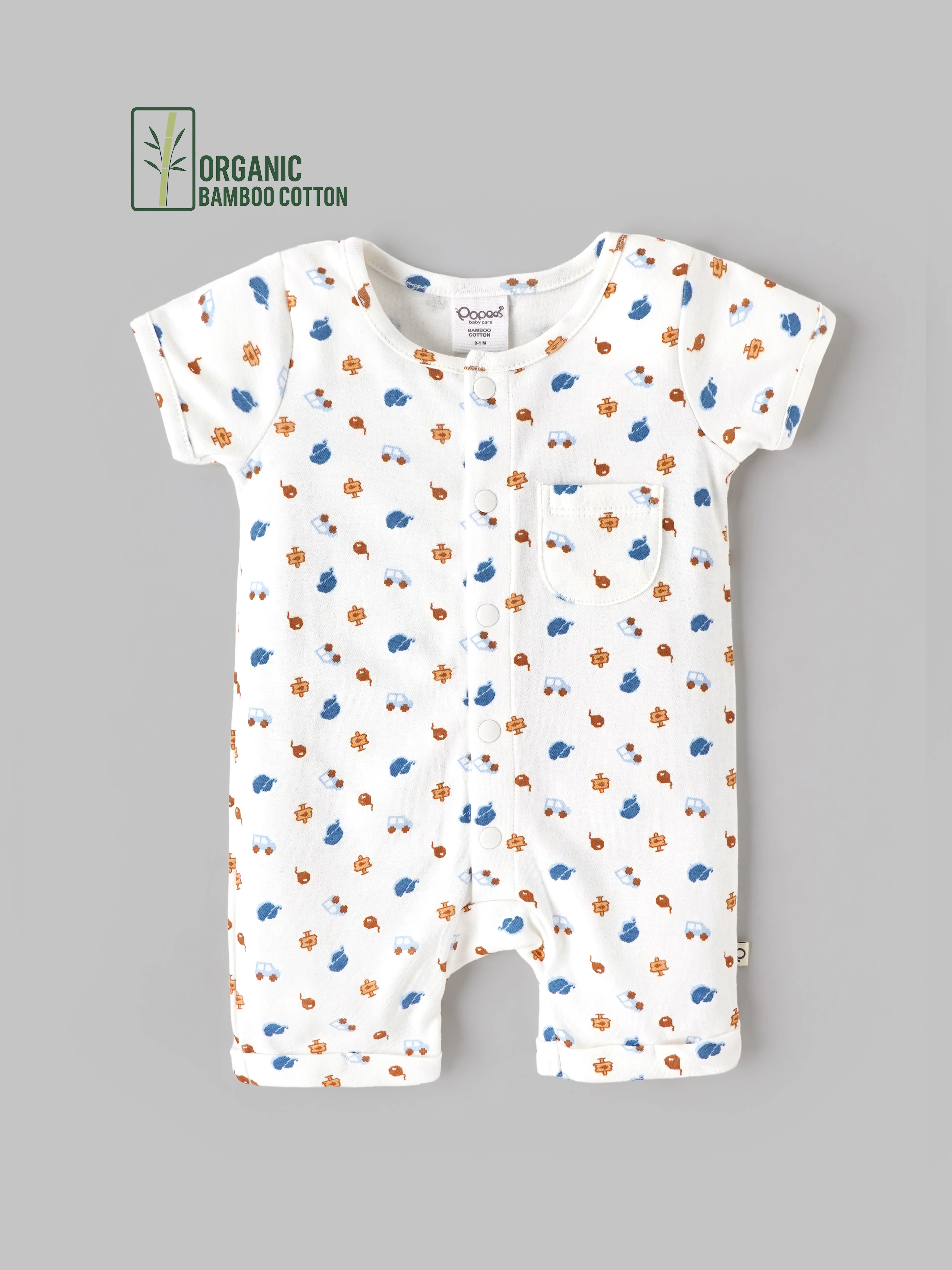 Popees Baby Organic Bamboo Cotton Printed Unisex Romper | White | Tiny Baby to 6 Months